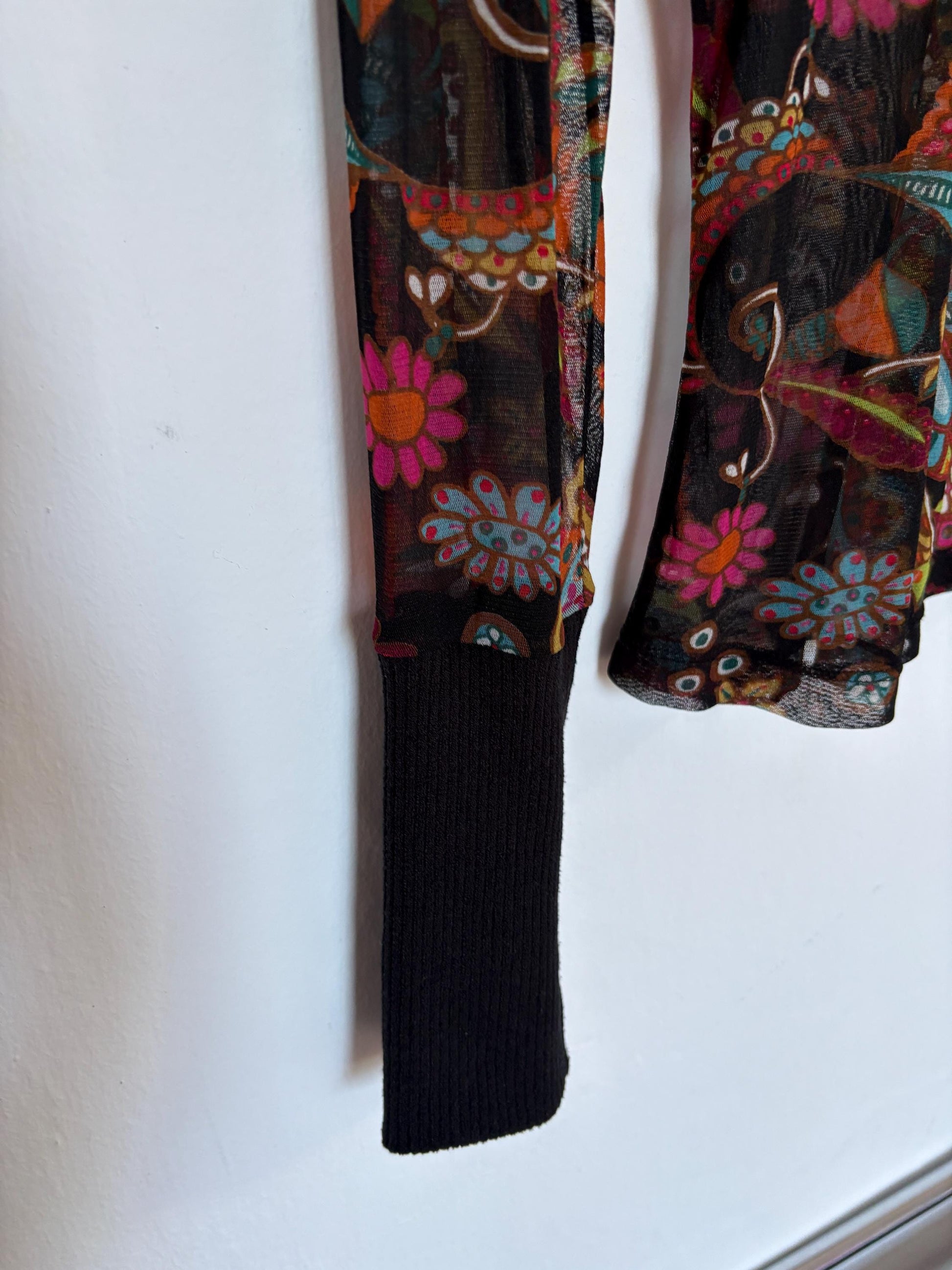 Vintage SHEER long sleeve top, Sexy autumn floral mesh shirt, See through Say t shirt, Size S