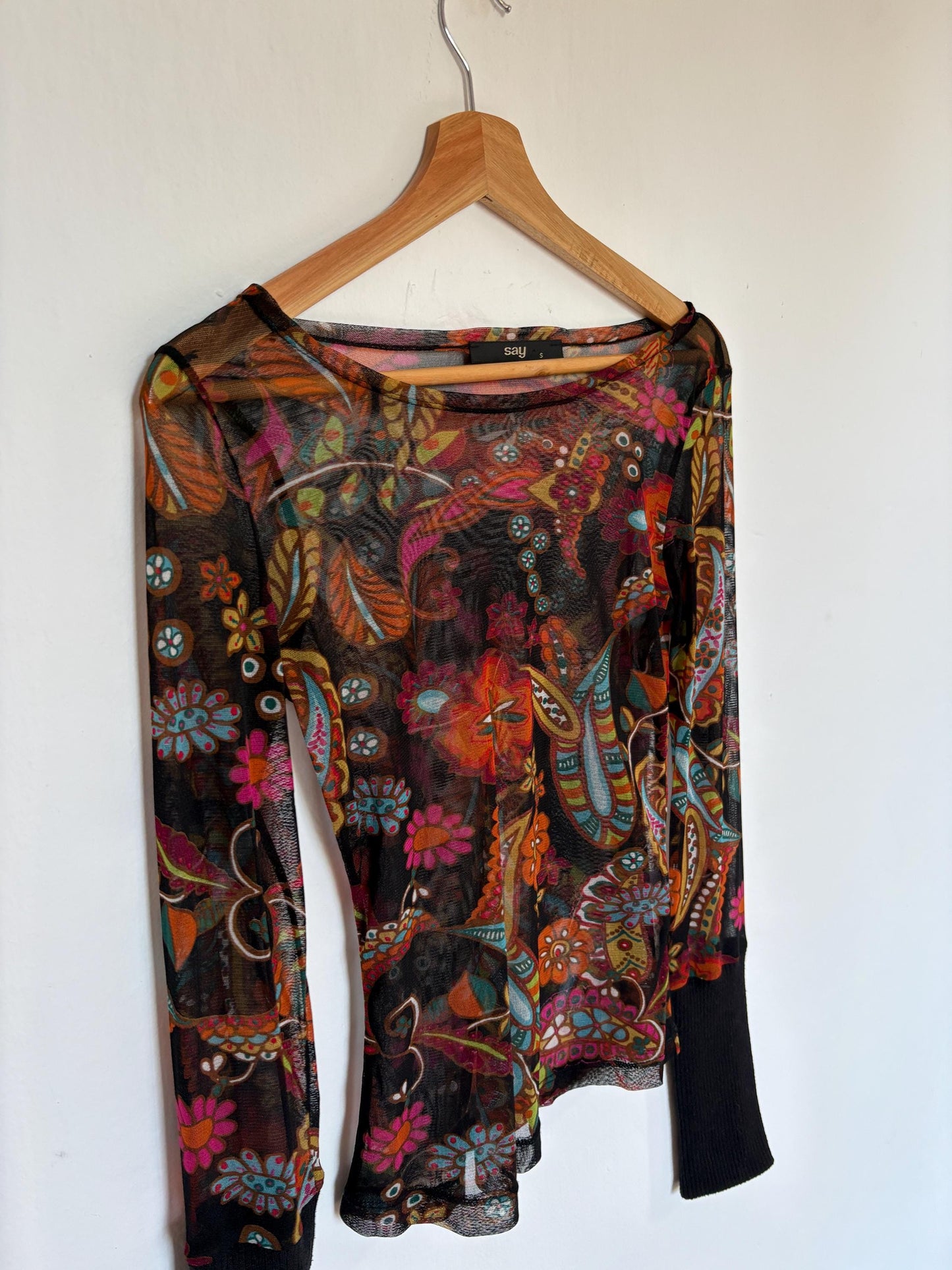 Vintage SHEER long sleeve top, Sexy autumn floral mesh shirt, See through Say t shirt, Size S