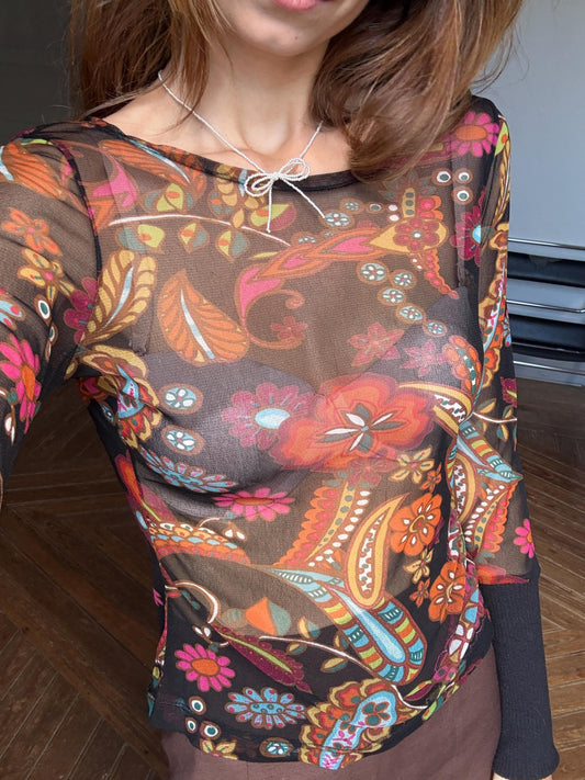 Vintage SHEER long sleeve top, Sexy autumn floral mesh shirt, See through Say t shirt, Size S