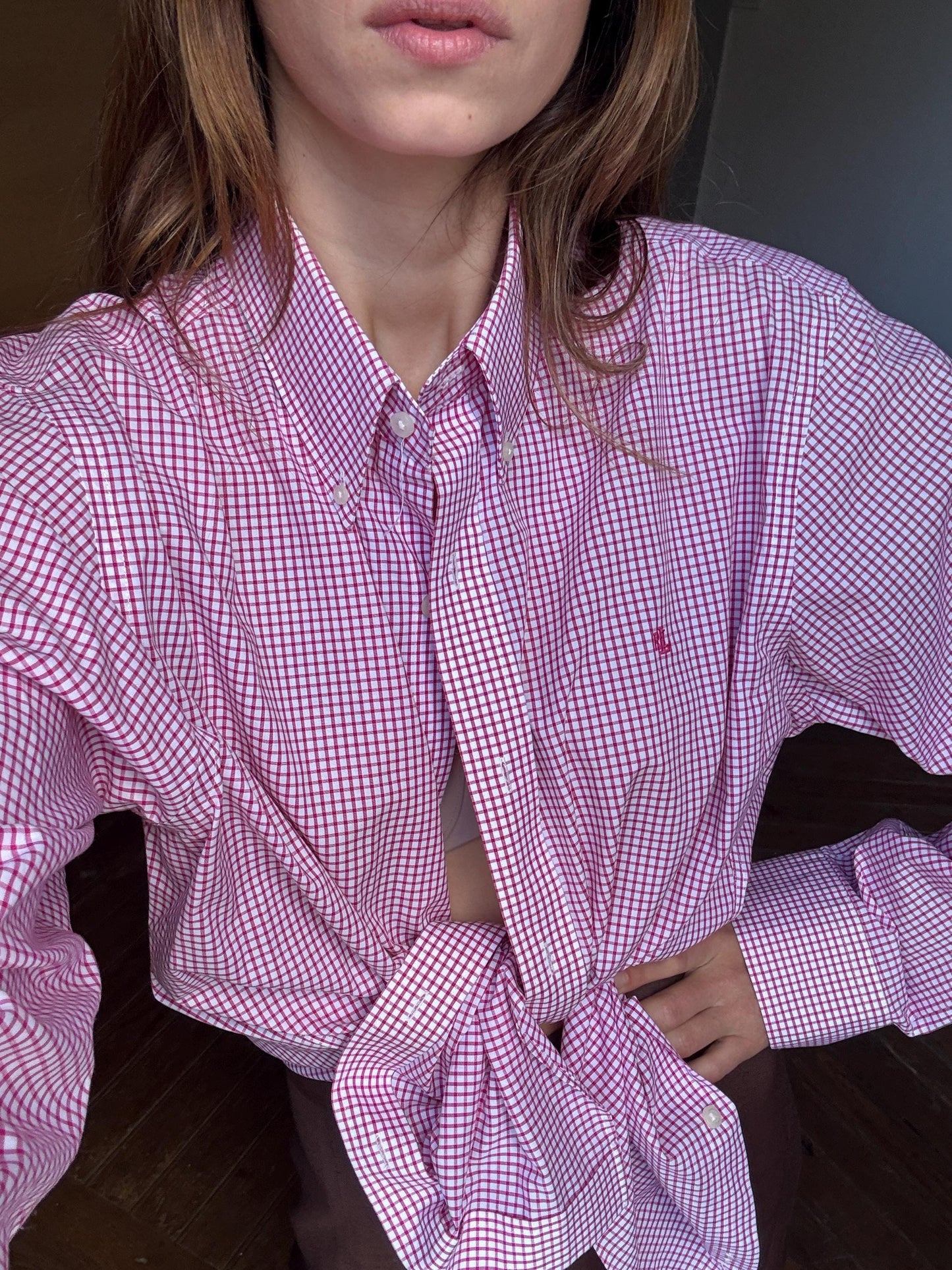 Vintage Lauren Ralph Lauren Checkered Blouse, Fitted shirt, Stretch Non Iron button down, Secondhand brand menswear, Oversized fit