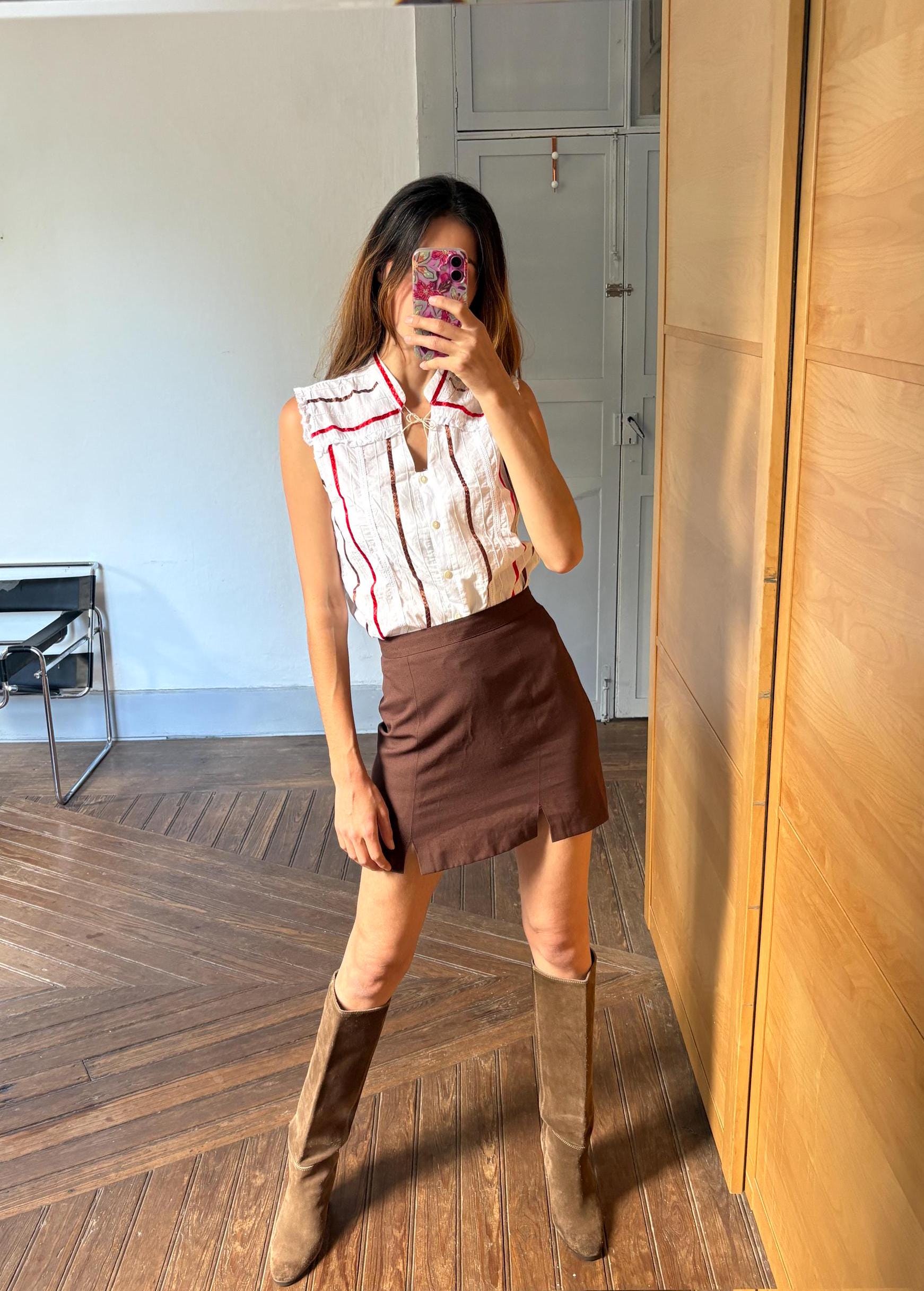 Vintage Sleeveless Woman Blouse – Festive Cotton Top by Santi RQ – Unique Striped Design – Size S-M