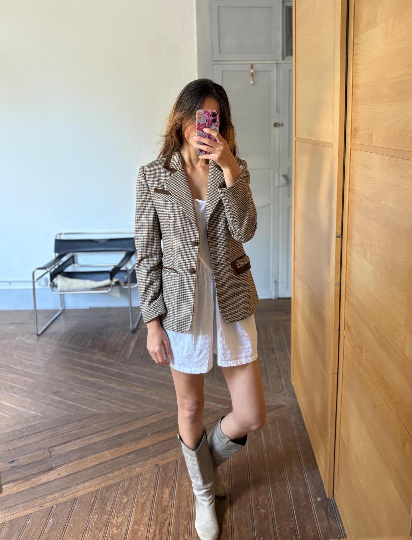 Vintage Blazer Jacket – Dominguez Houndstooth Wool Coat – Dark Academia Aesthetic – Made in Spain – Size S - M