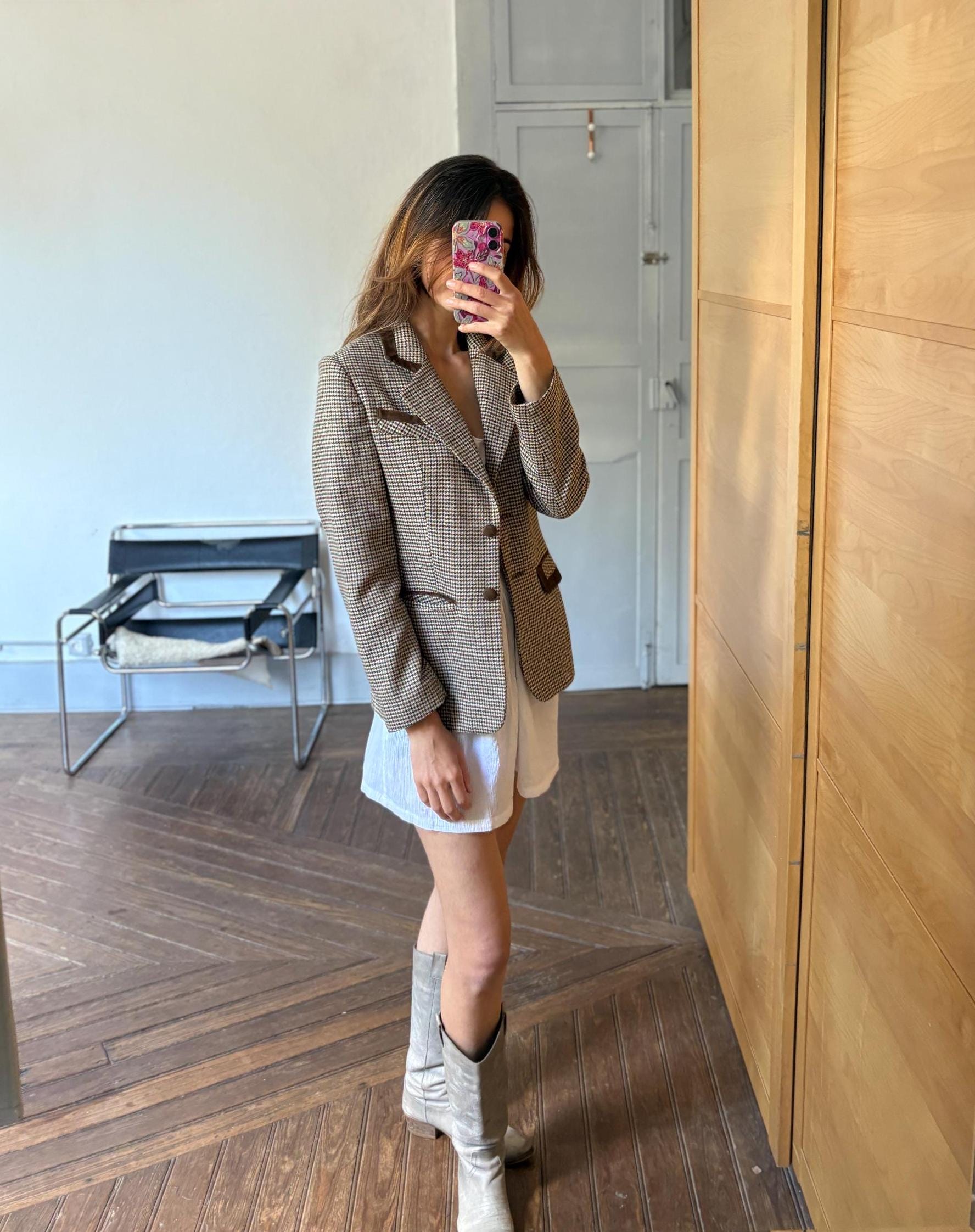 Vintage Blazer Jacket – Dominguez Houndstooth Wool Coat – Dark Academia Aesthetic – Made in Spain – Size S - M