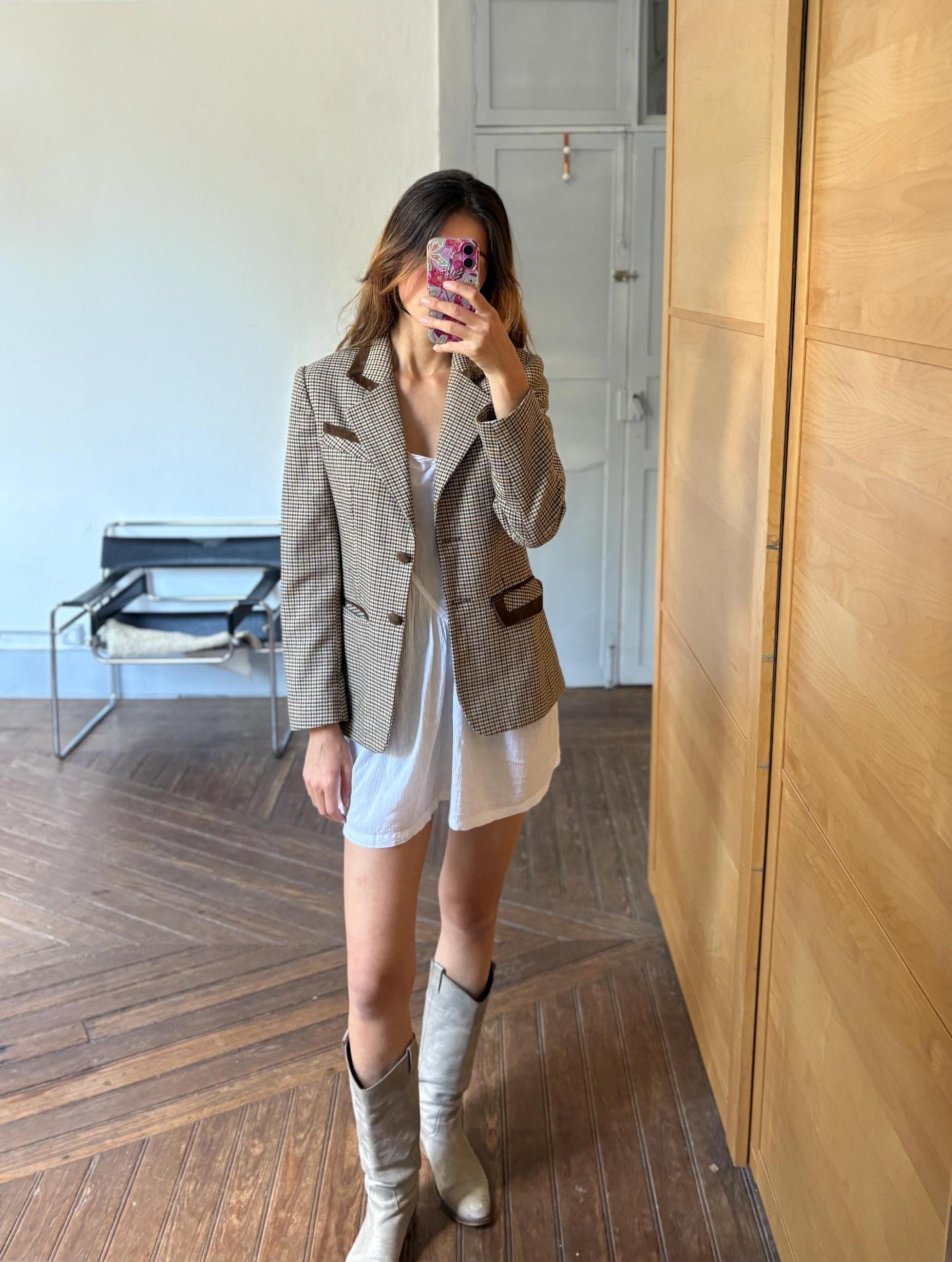 Vintage Blazer Jacket – Dominguez Houndstooth Wool Coat – Dark Academia Aesthetic – Made in Spain – Size S - M