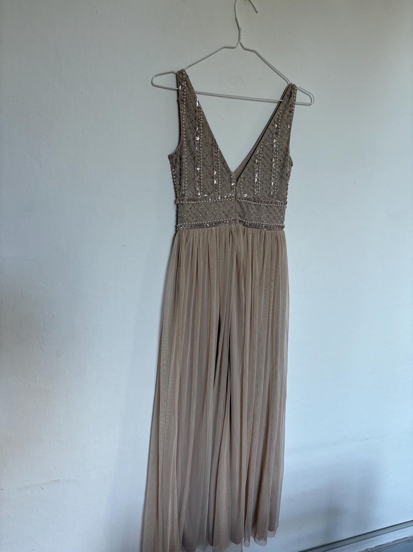 Vintage sequin beaded formal dress, luxury bridesmaid gown, wedding guest aesthetic, Neutral natural tone, Size XS