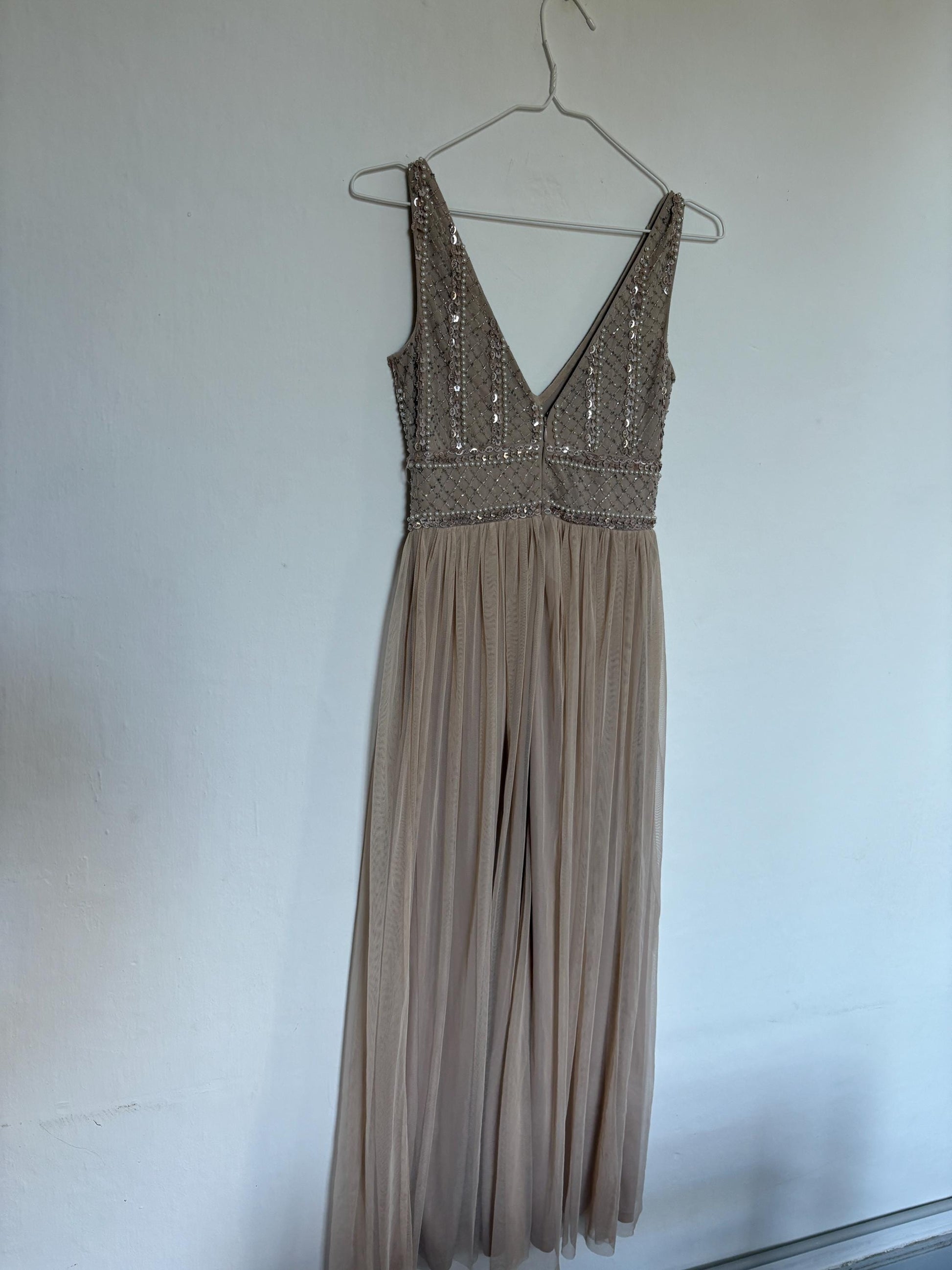 Vintage sequin beaded formal dress, luxury bridesmaid gown, wedding guest aesthetic, Neutral natural tone, Size XS
