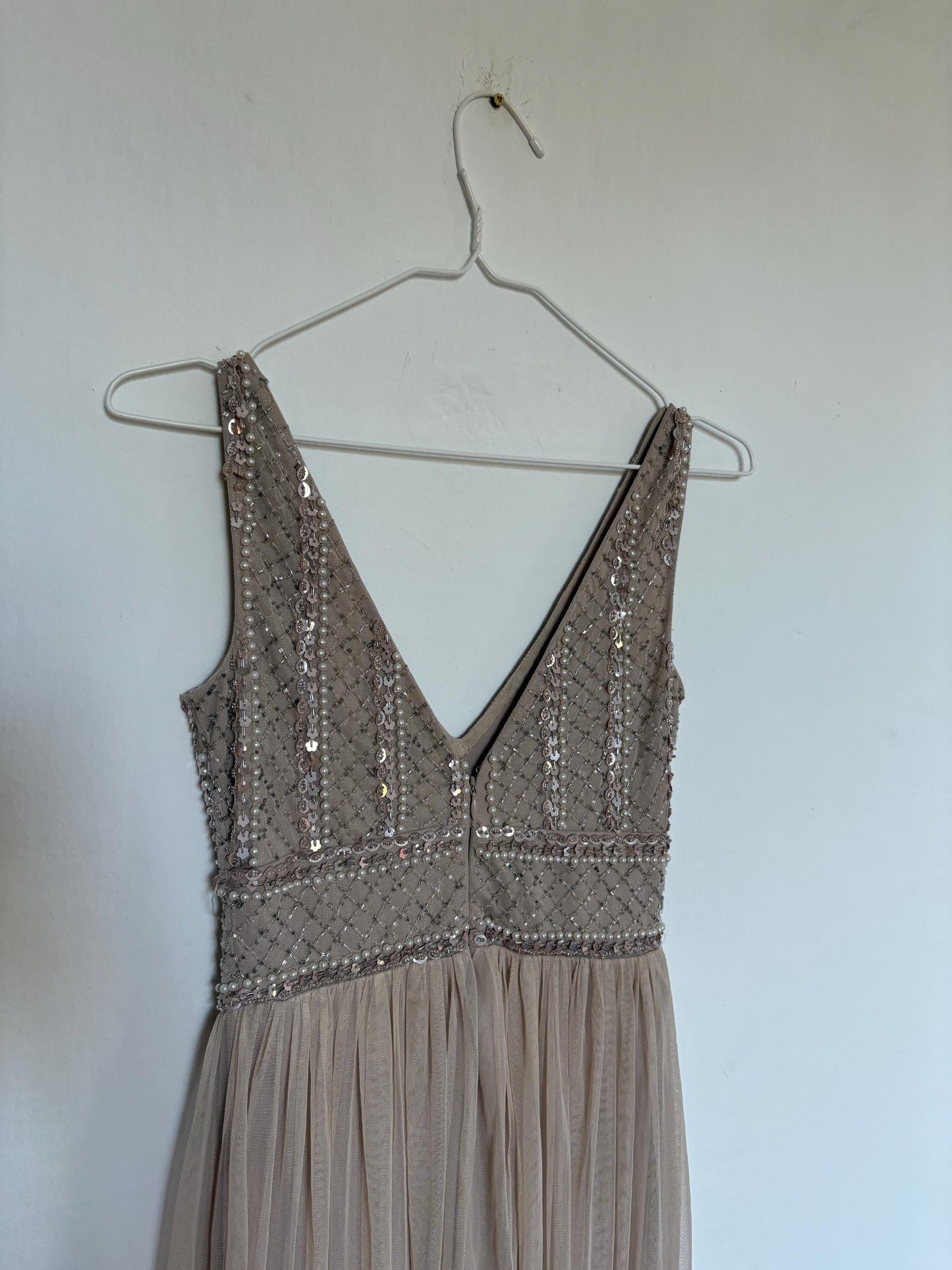 Vintage sequin beaded formal dress, luxury bridesmaid gown, wedding guest aesthetic, Neutral natural tone, Size XS