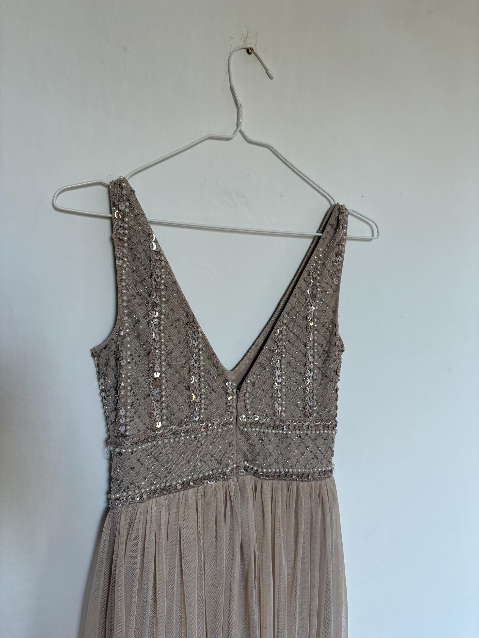 Vintage sequin beaded formal dress, luxury bridesmaid gown, wedding guest aesthetic, Neutral natural tone, Size XS