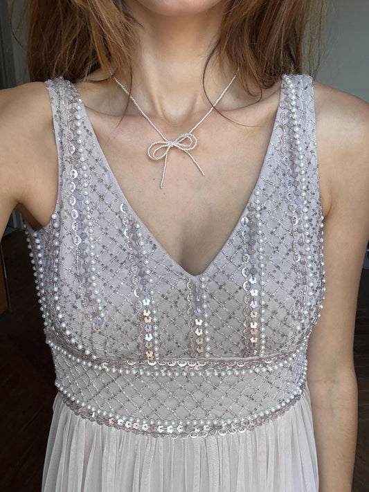 Vintage sequin beaded formal dress, luxury bridesmaid gown, wedding guest aesthetic, Neutral natural tone, Size XS