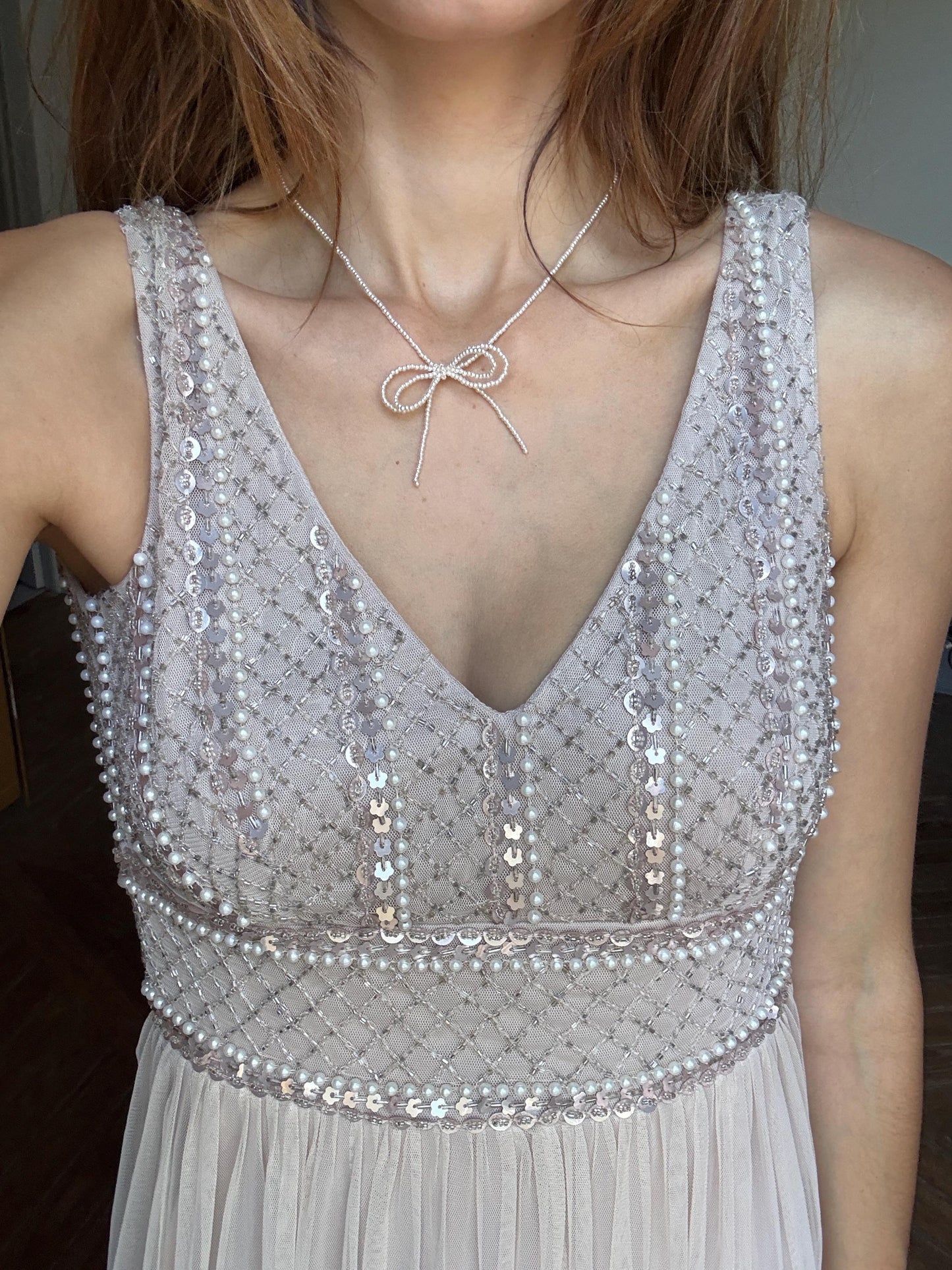 Vintage sequin beaded formal dress, luxury bridesmaid gown, wedding guest aesthetic, Neutral natural tone, Size XS