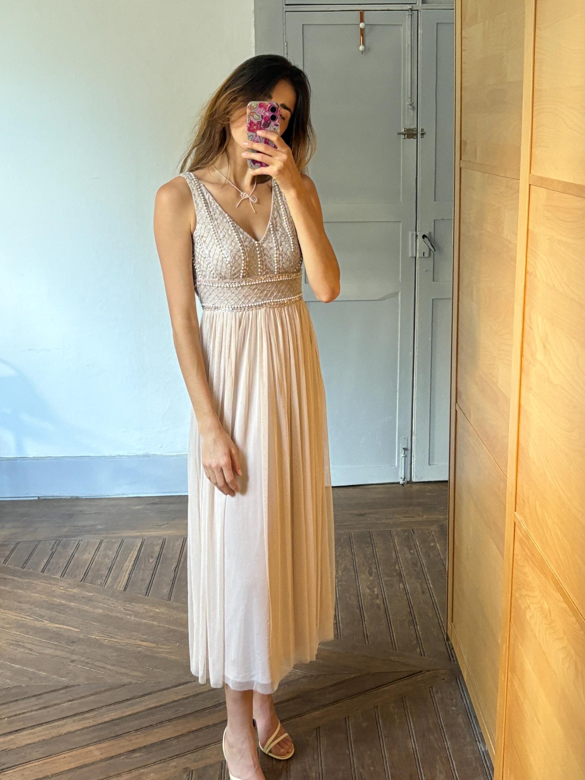 Vintage sequin beaded formal dress, luxury bridesmaid gown, wedding guest aesthetic, Neutral natural tone, Size XS