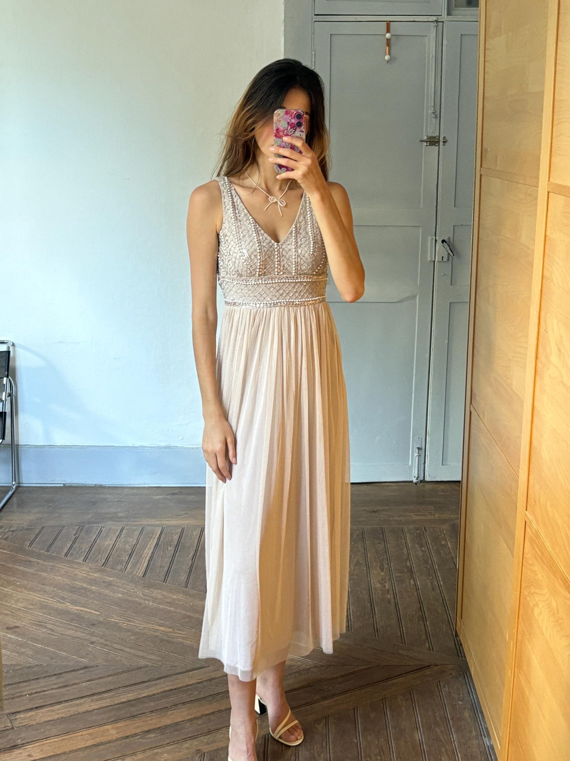 Vintage sequin beaded formal dress, luxury bridesmaid gown, wedding guest aesthetic, Neutral natural tone, Size XS