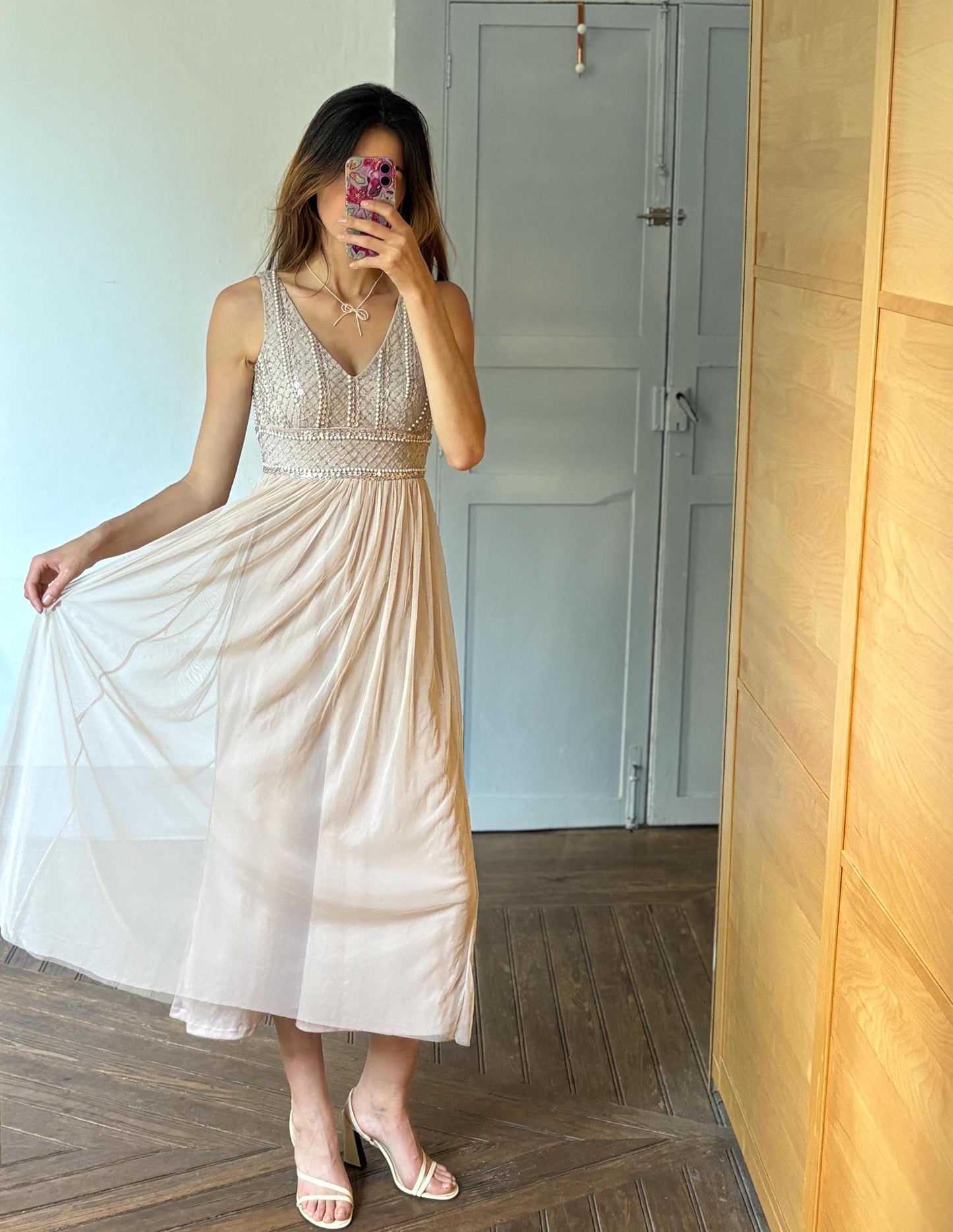 Vintage sequin beaded formal dress, luxury bridesmaid gown, wedding guest aesthetic, Neutral natural tone, Size XS