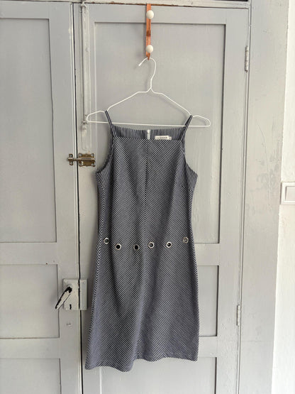 Navy Pinstripe Y2K Mini Dress with Grommet Detail by Lili Sidonio