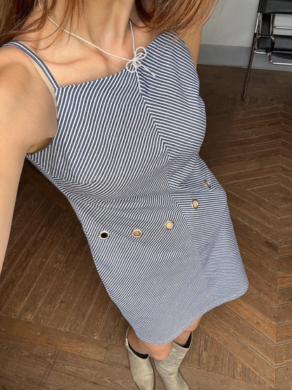 Navy Pinstripe Y2K Mini Dress with Grommet Detail by Lili Sidonio