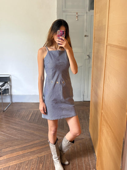 Navy Pinstripe Y2K Mini Dress with Grommet Detail by Lili Sidonio