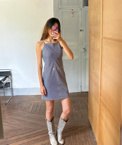 Navy Pinstripe Y2K Mini Dress with Grommet Detail by Lili Sidonio