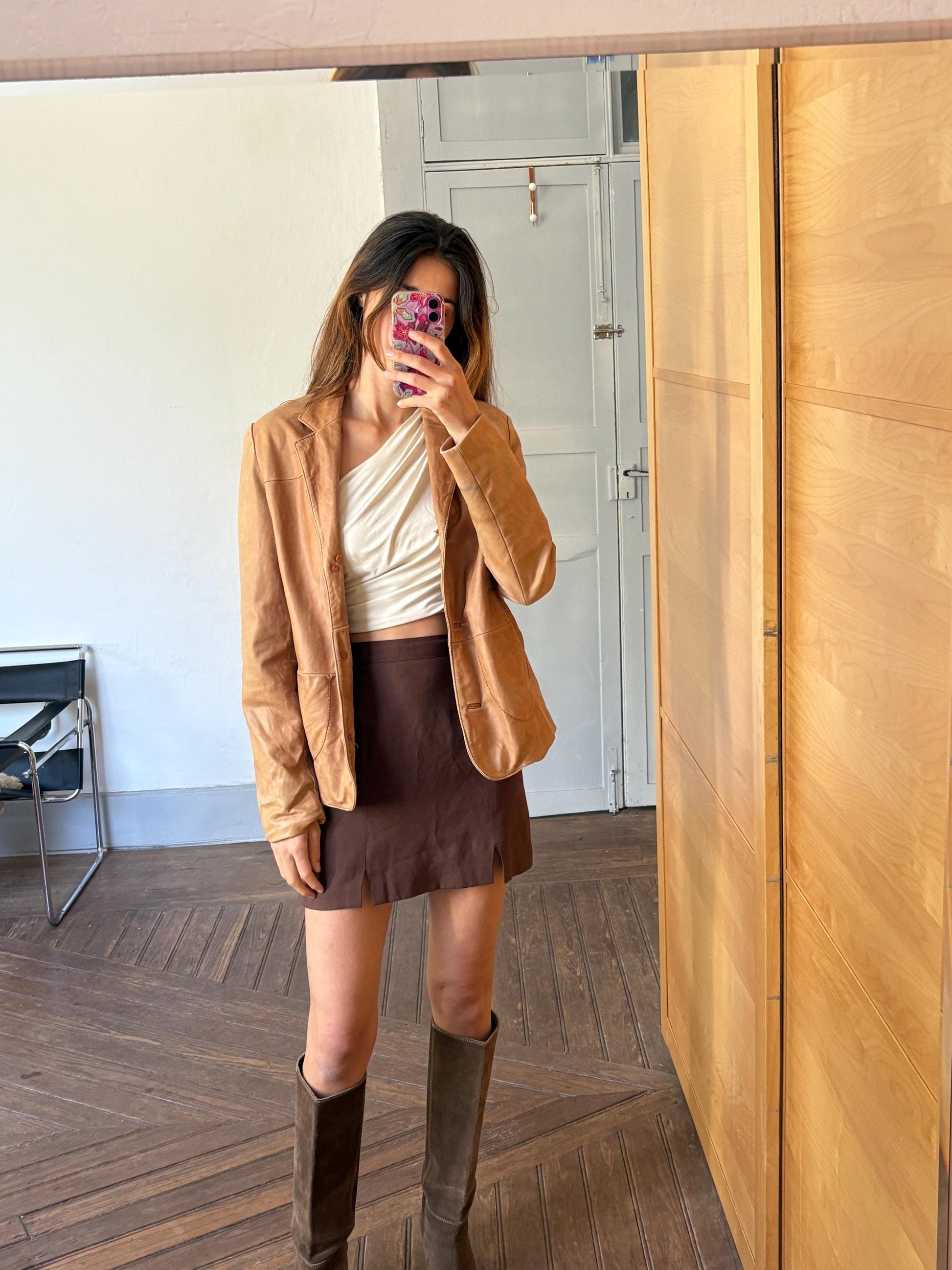 Vintage Piel de Caprino leather blazer, Tan light brown jacket, unisex casual oversized fit, classic retro 90s aesthetic,