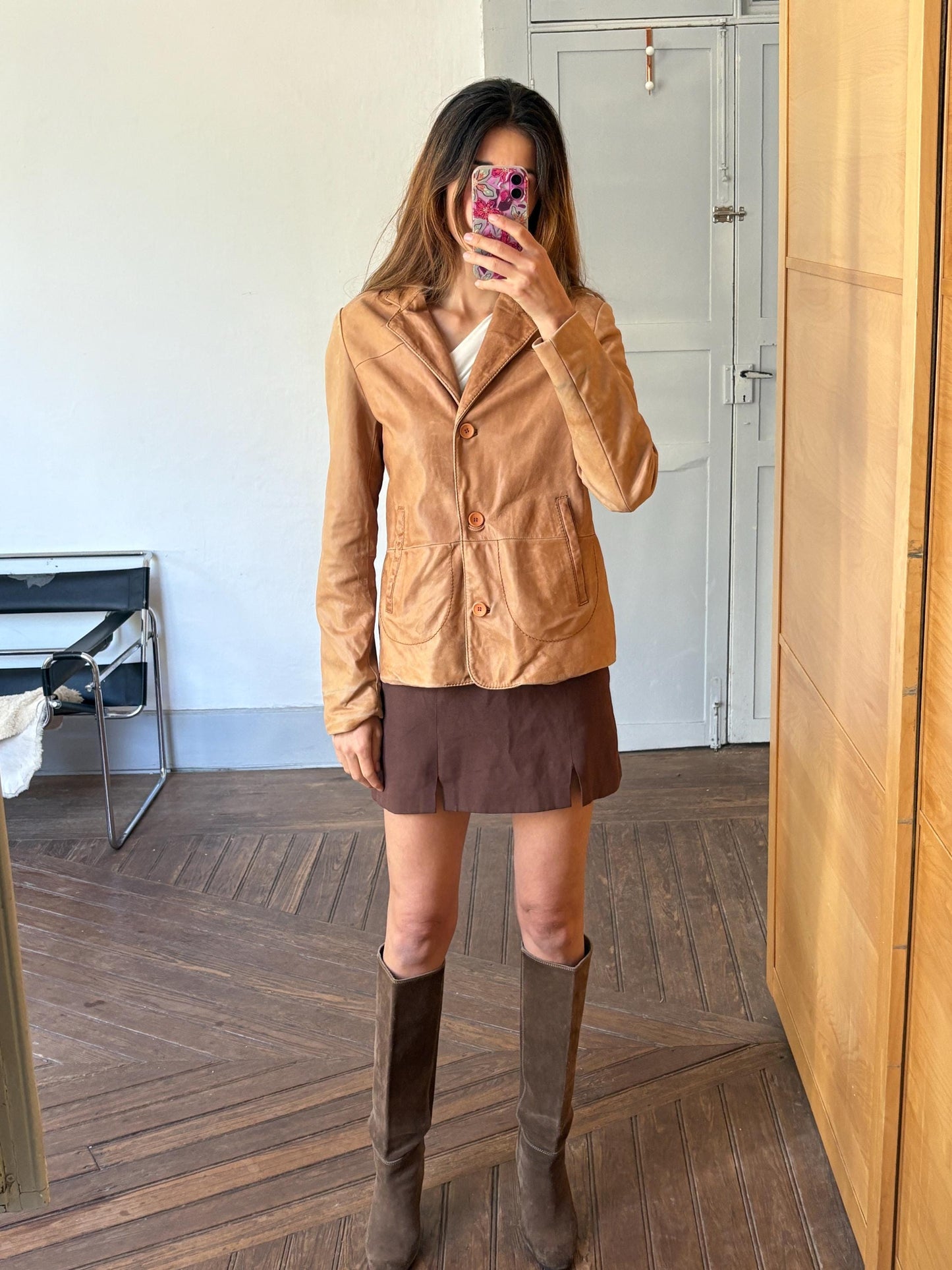 Vintage Piel de Caprino leather blazer, Tan light brown jacket, unisex casual oversized fit, classic retro 90s aesthetic,