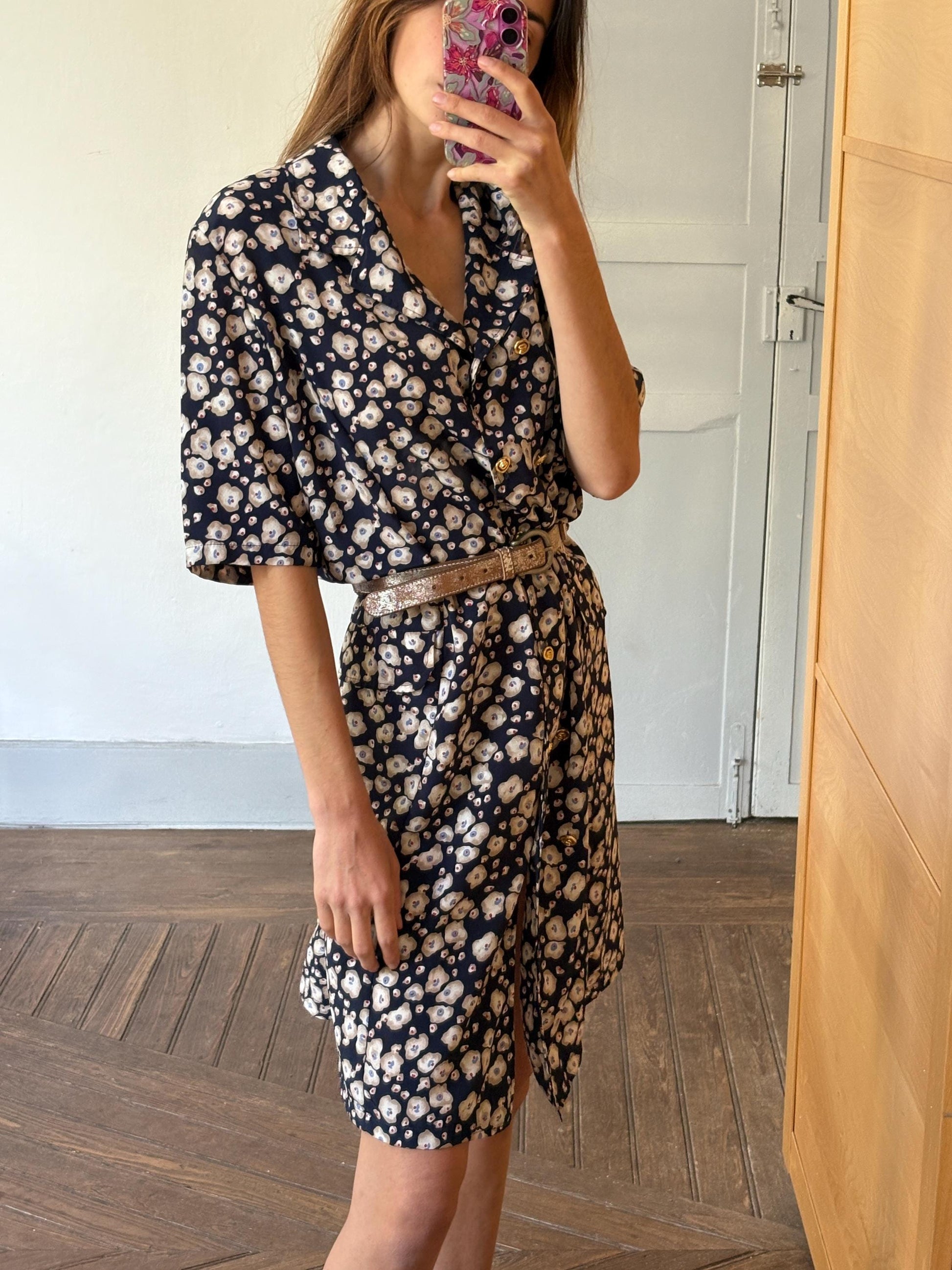 Vintage handmade floral blue dress, Flower print housewife dress, Retro 80s woman dress