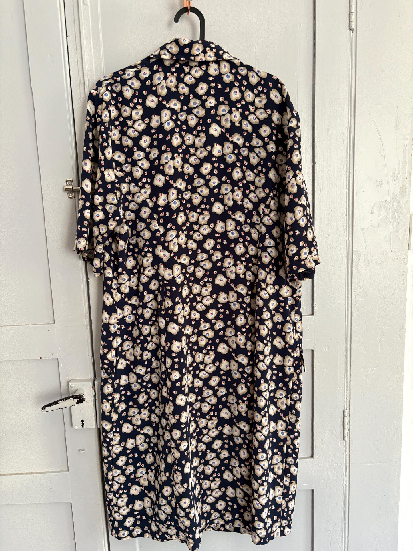 Vintage handmade floral blue dress, Flower print housewife dress, Retro 80s woman dress