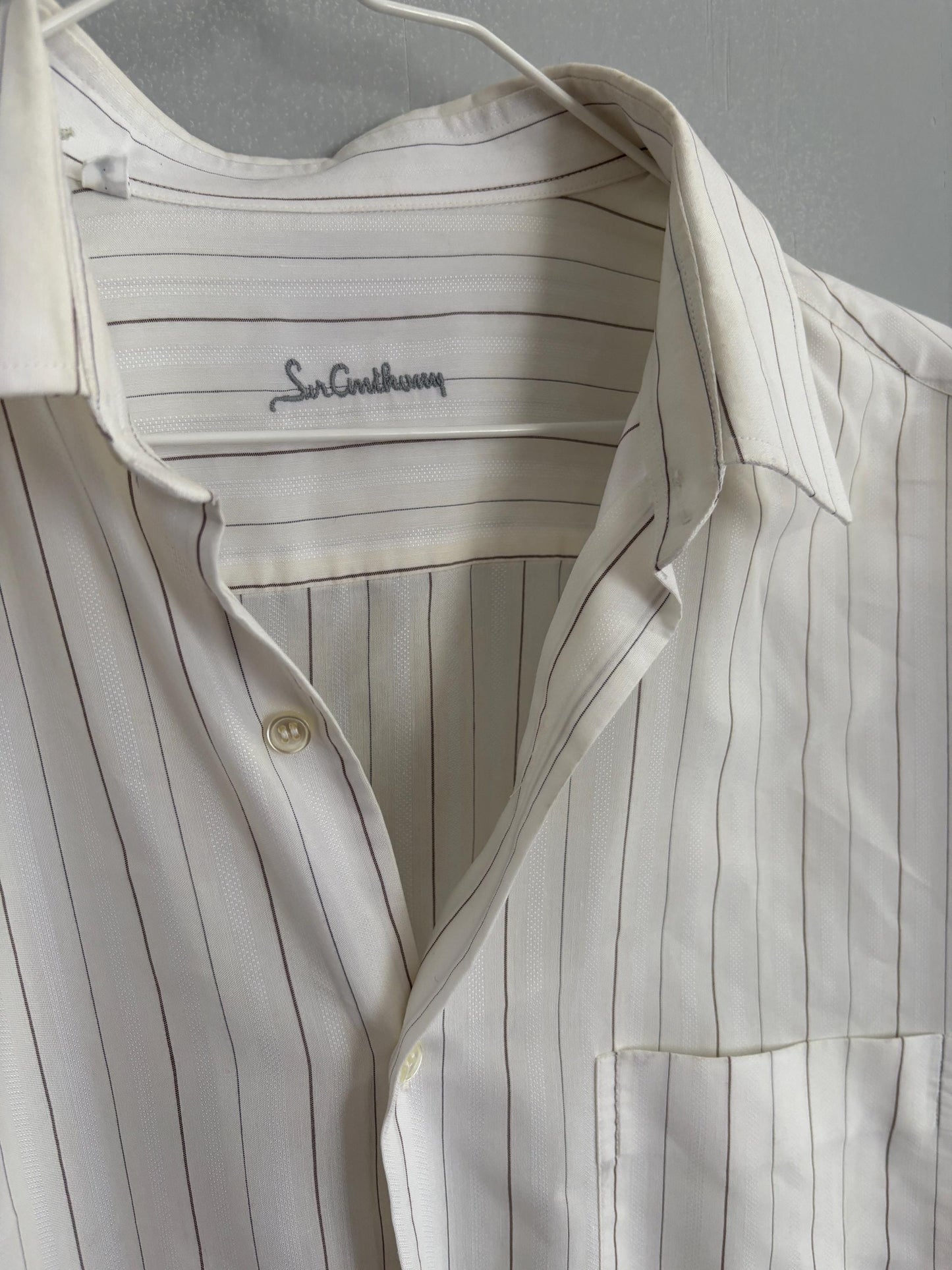 Vintage White & Grey Pinstriped Men's Button-Up Shirt – Sir Anthony Spain – Oversized Boyfriend Fit – Unisex Minimalist Aesthetic