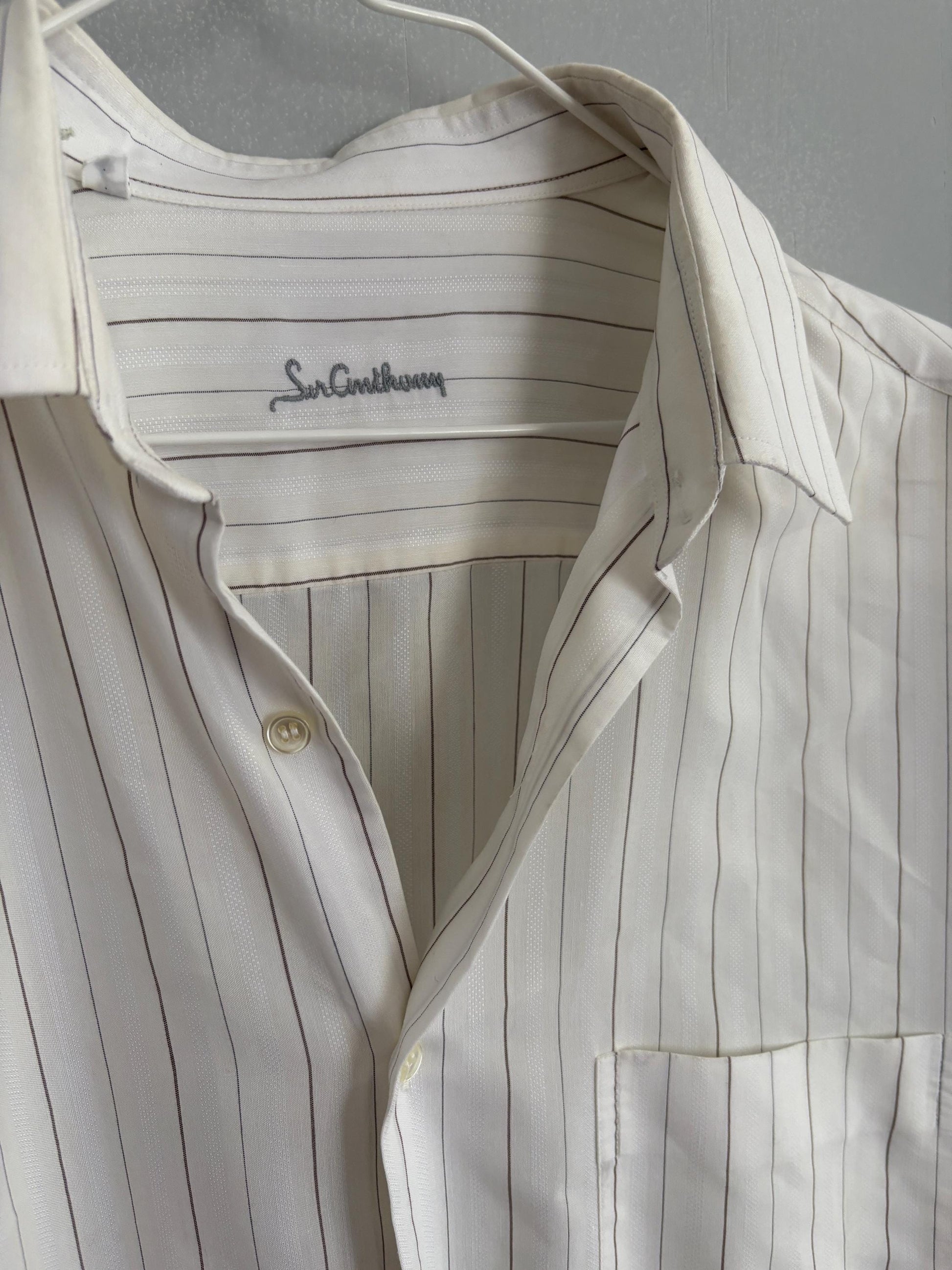 Vintage White & Grey Pinstriped Men's Button-Up Shirt – Sir Anthony Spain – Oversized Boyfriend Fit – Unisex Minimalist Aesthetic