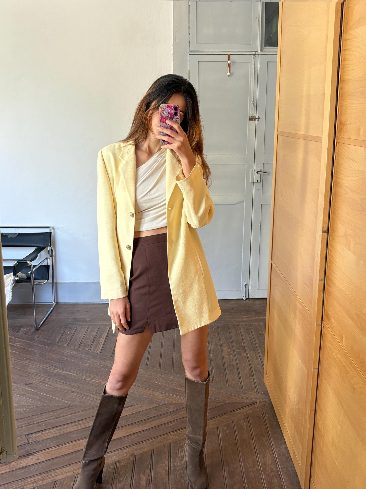 Vintage Light Pastel Yellow Blazer, Unique Button Detail, Longline Structured Jacket, 80s Power Suit Aesthetic, Size M-L