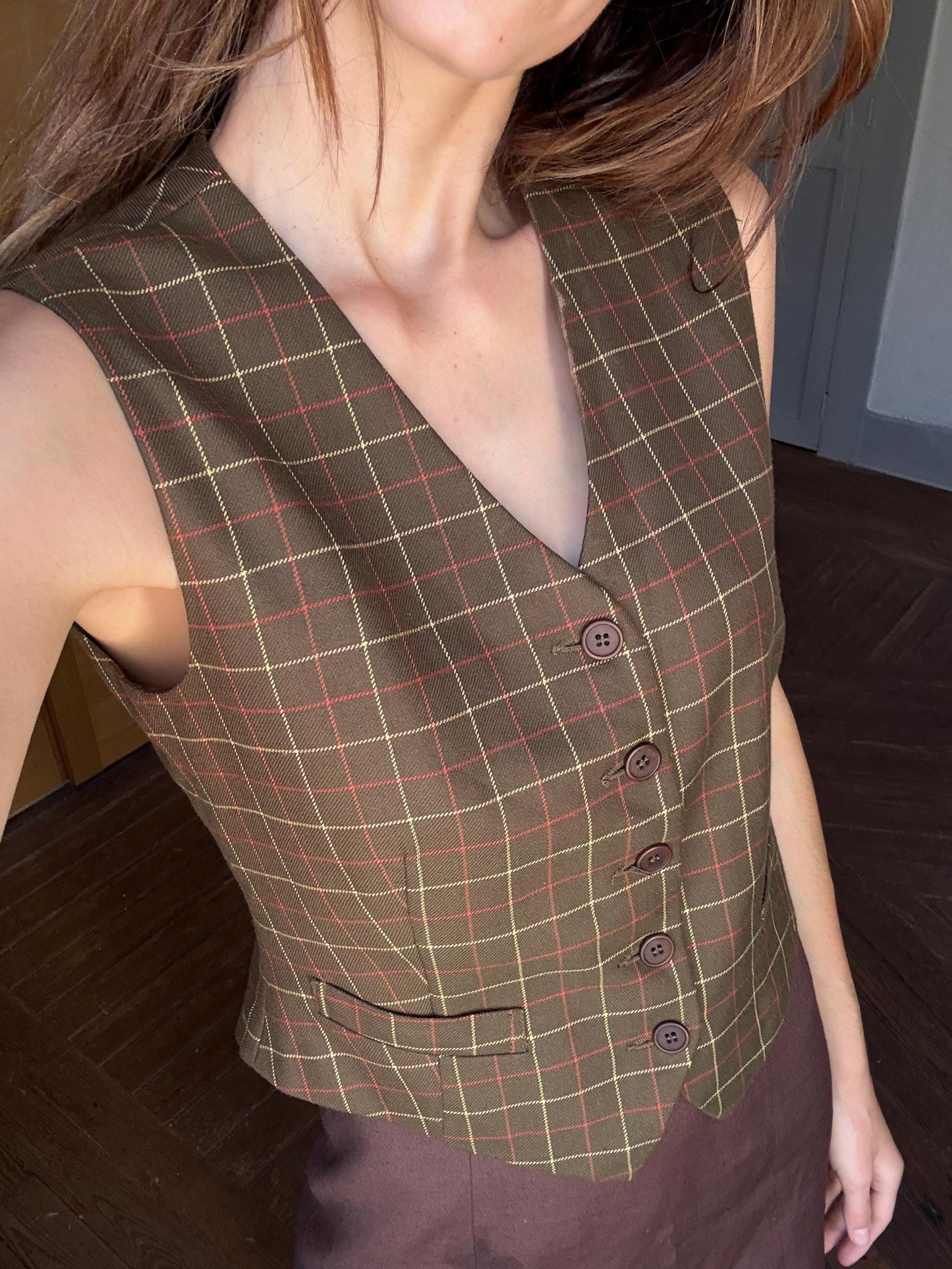 Green waistcoat with checkered print, dark academia & countryside chic vest, Sleeveless girl boss outfit, Size XS - S