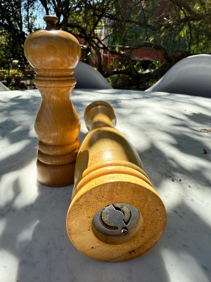 Rustic Wooden Pepper Grinder with Iron Mechanism — fabric close-up