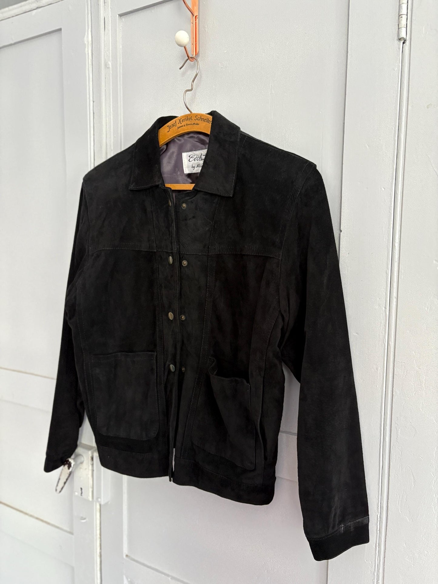 Vintage black suede leather jacket by Evolutions by New World, Pig leather high quality secondhand woman coat, Luxury size S