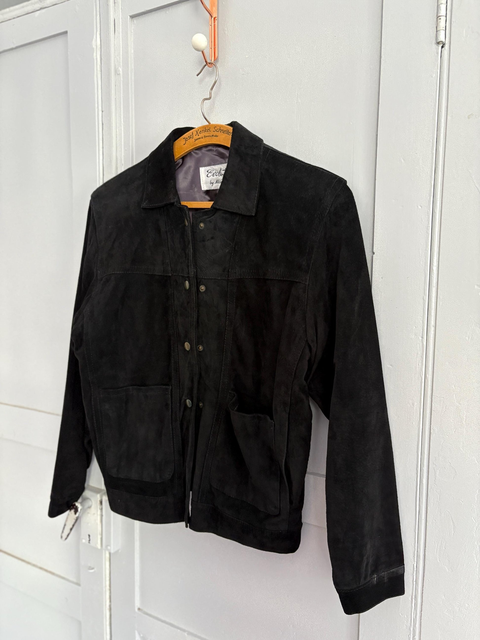 Vintage black suede leather jacket by Evolutions by New World, Pig leather high quality secondhand woman coat, Luxury size S