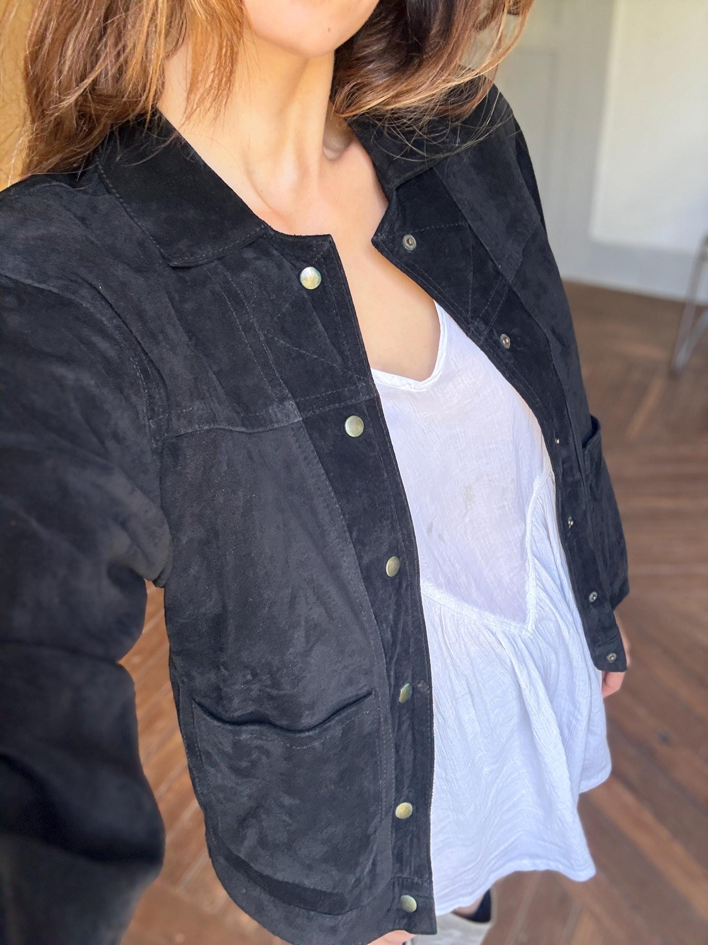 Vintage black suede leather jacket by Evolutions by New World, Pig leather high quality secondhand woman coat, Luxury size S