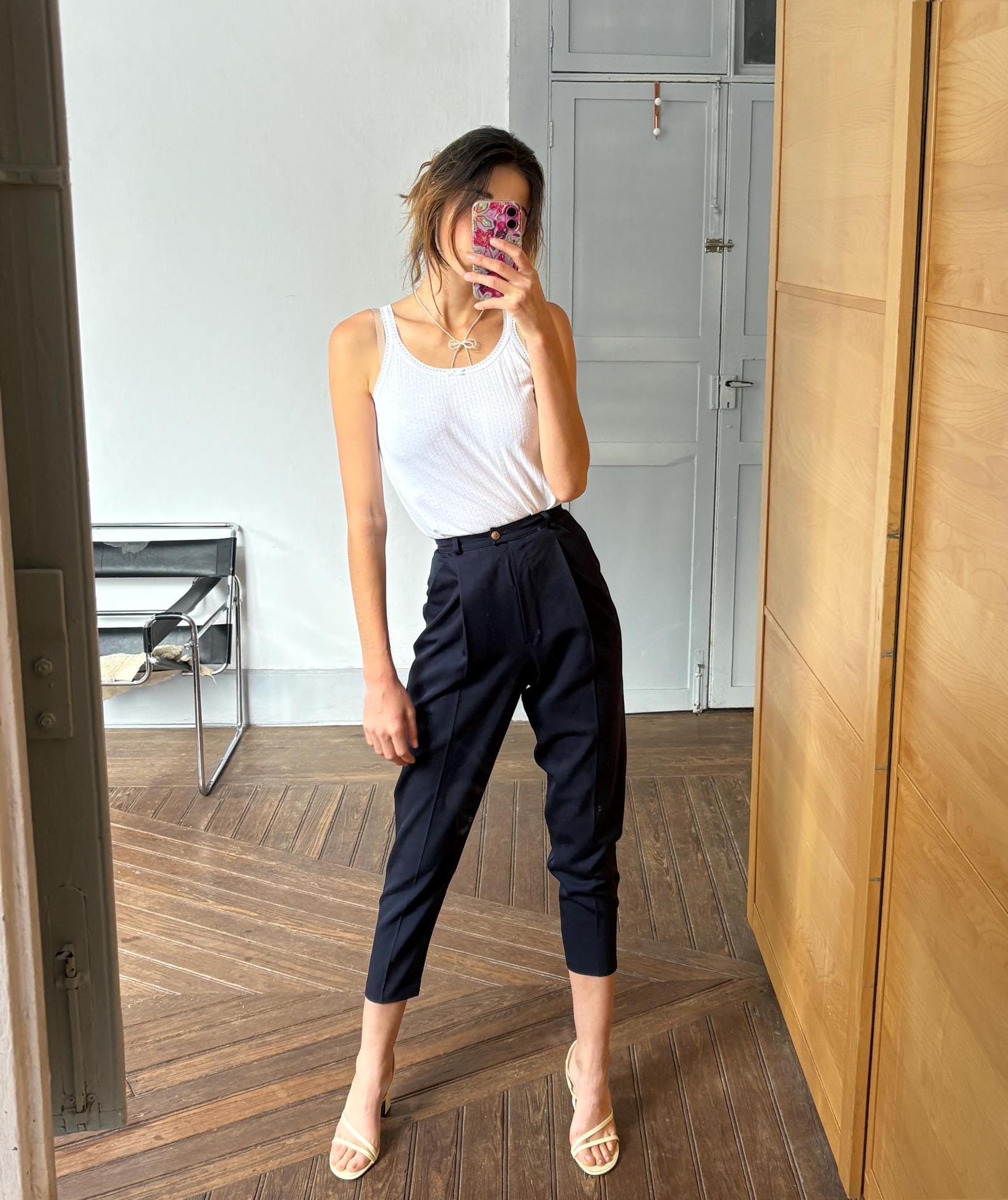 vintage navy wool trousers 100% virgin wool tapered pants high waist tailored fit EU 34 US 2