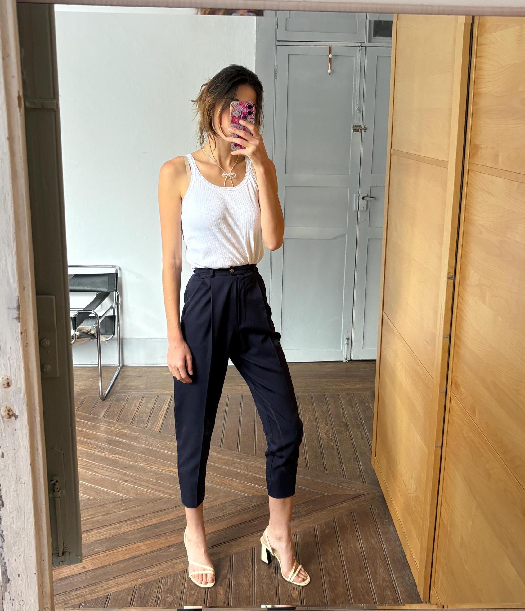 vintage navy wool trousers 100% virgin wool tapered pants high waist tailored fit EU 34 US 2