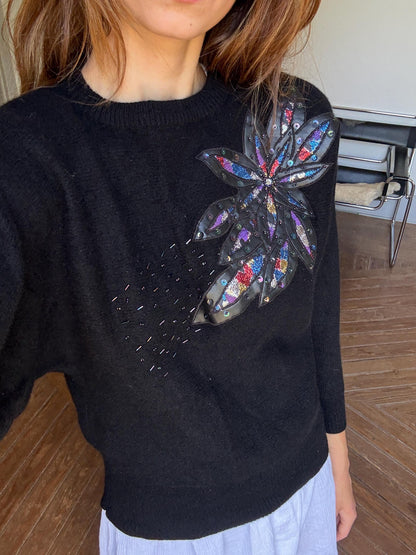 Vintage Black Lambswool Jumper with Padded Shoulders — back view