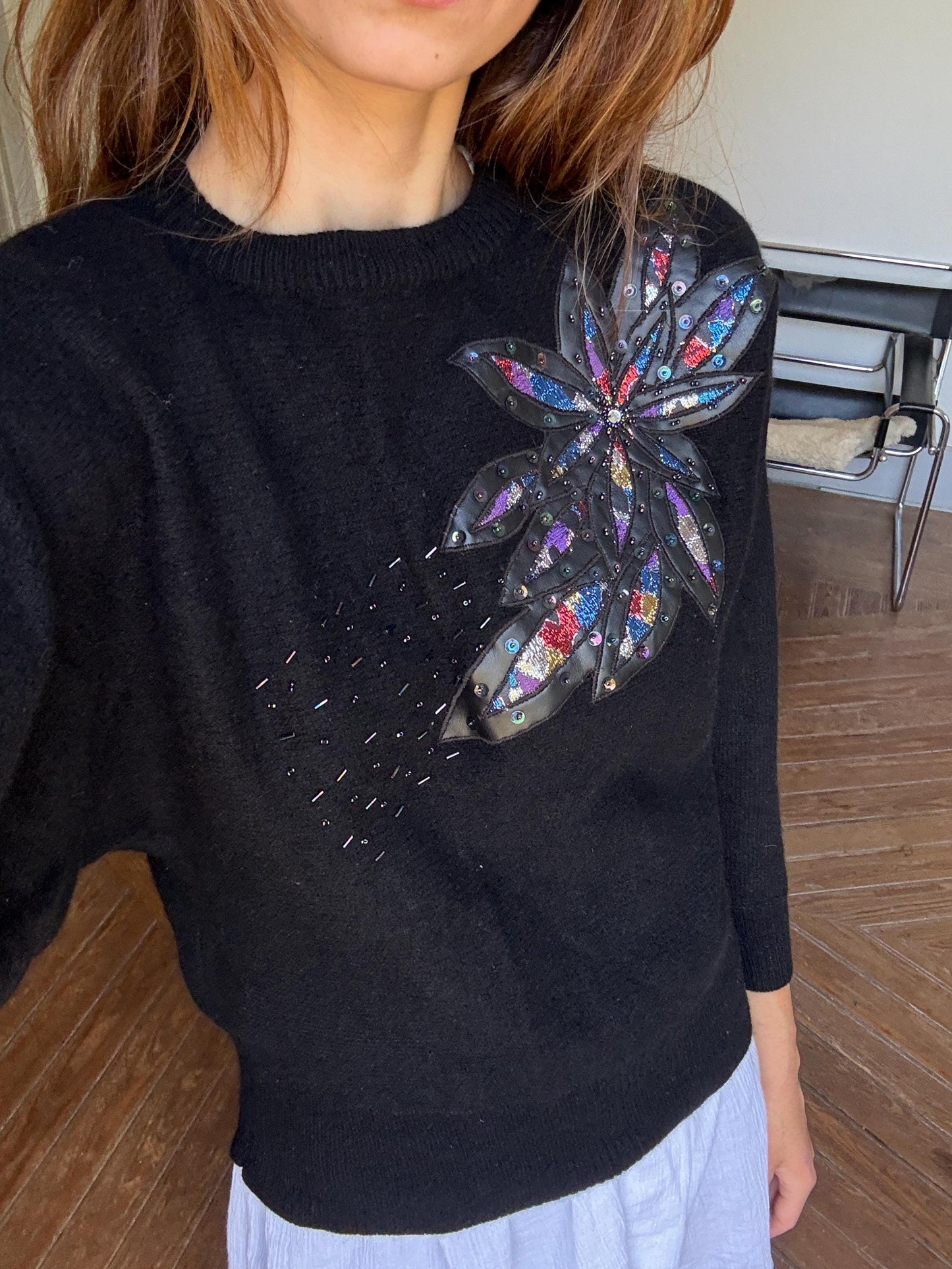 Vintage lambswool jumper with padded shoulders, Black 80s sequin floral detail jumper, size XS - S