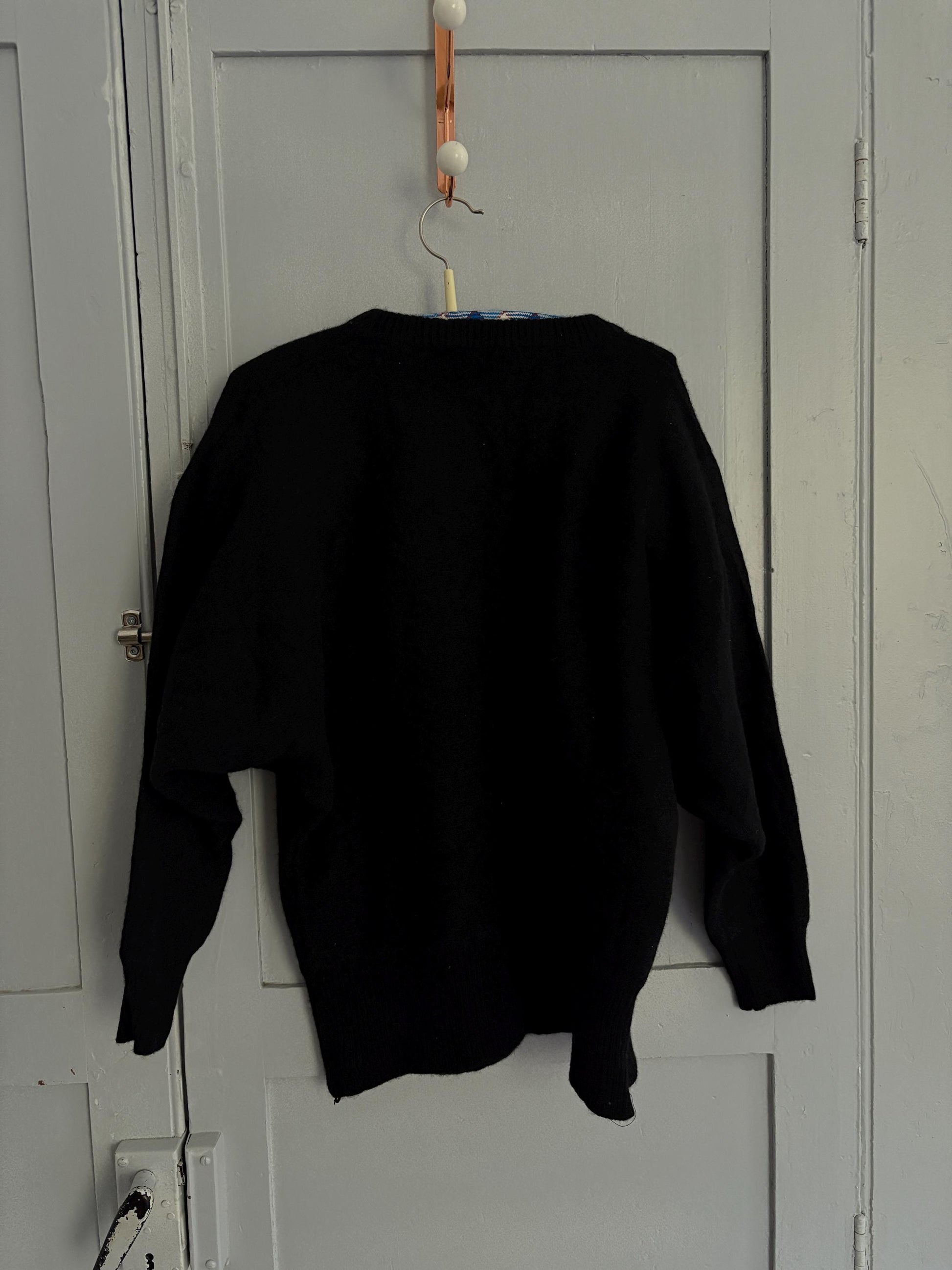 Vintage lambswool jumper with padded shoulders, Black 80s sequin floral detail jumper, size XS - S