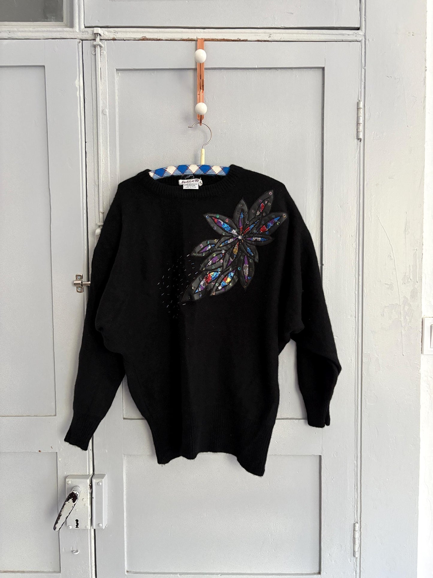 Vintage lambswool jumper with padded shoulders, Black 80s sequin floral detail jumper, size XS - S