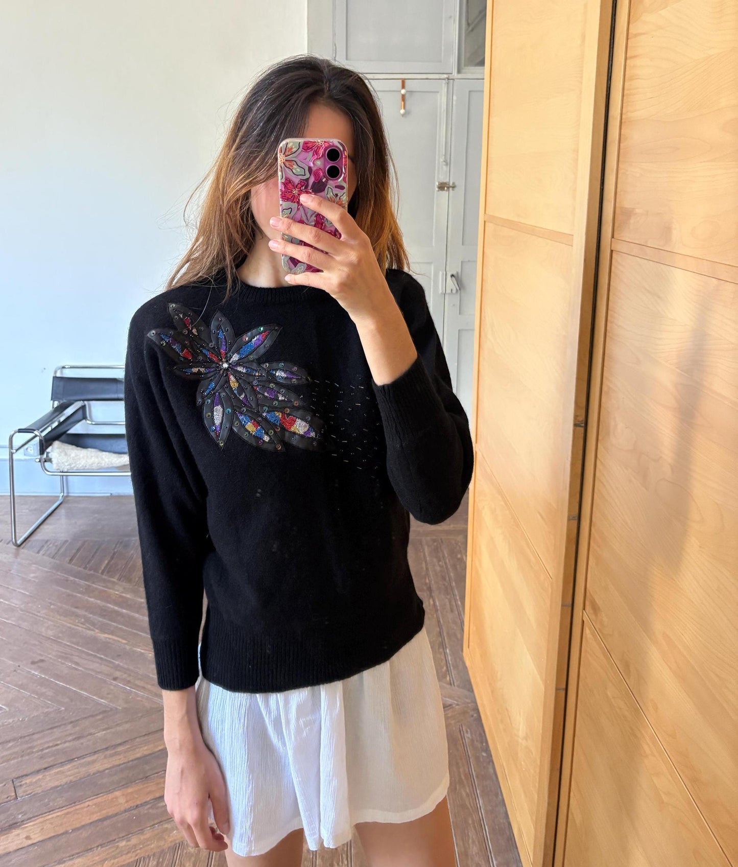 Vintage lambswool jumper with padded shoulders, Black 80s sequin floral detail jumper, size XS - S