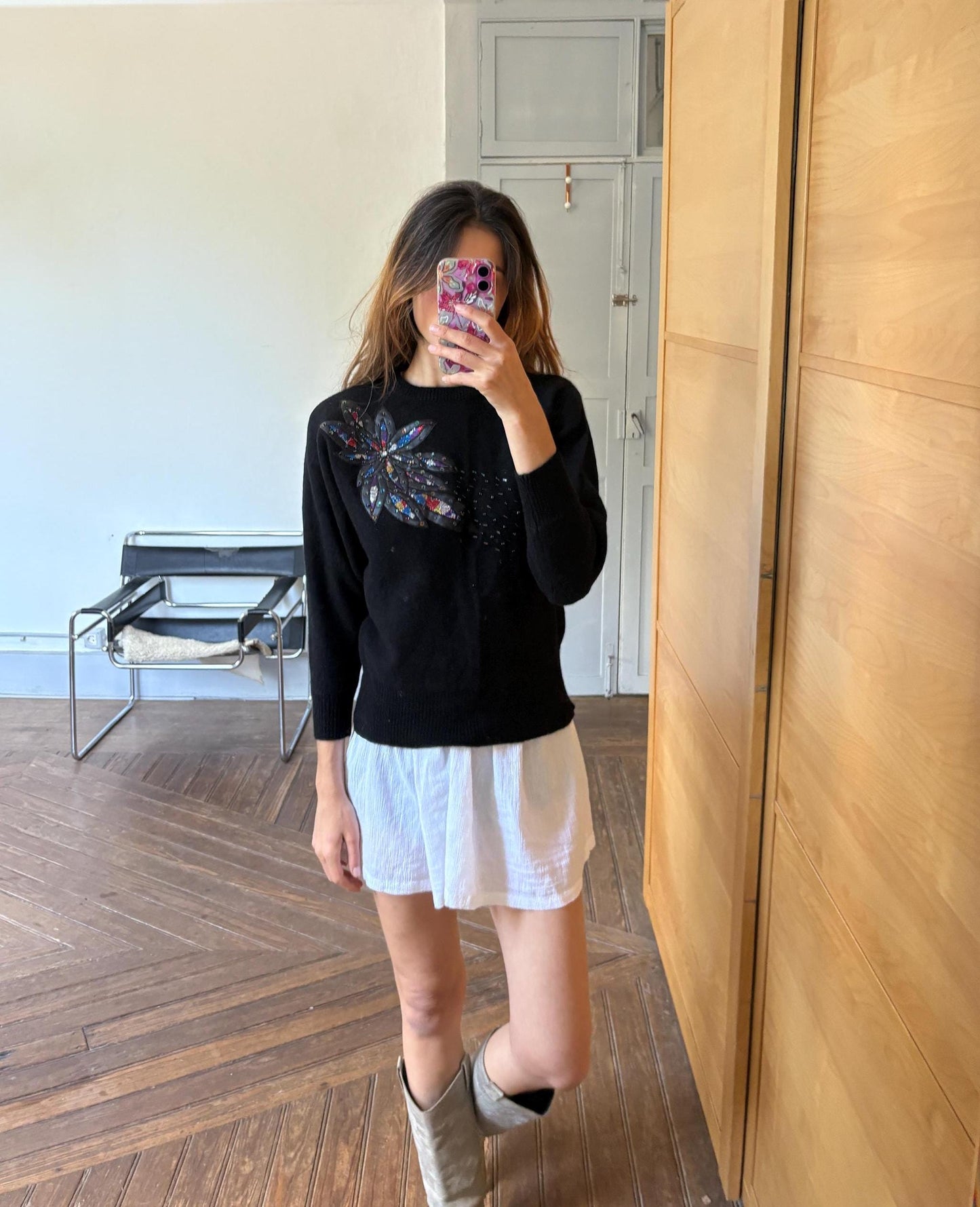 Vintage lambswool jumper with padded shoulders, Black 80s sequin floral detail jumper, size XS - S