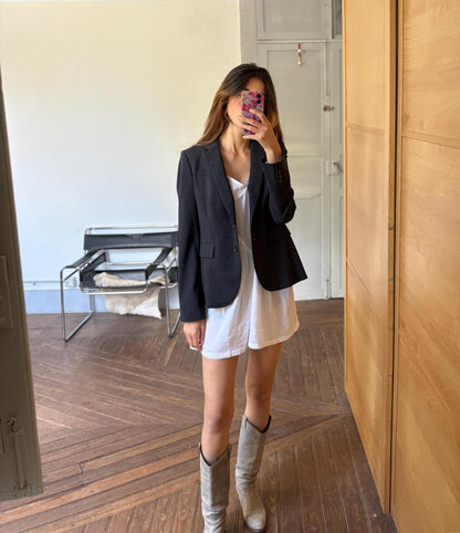 Navy Vintage Wool Blazer for Women — fabric close-up
