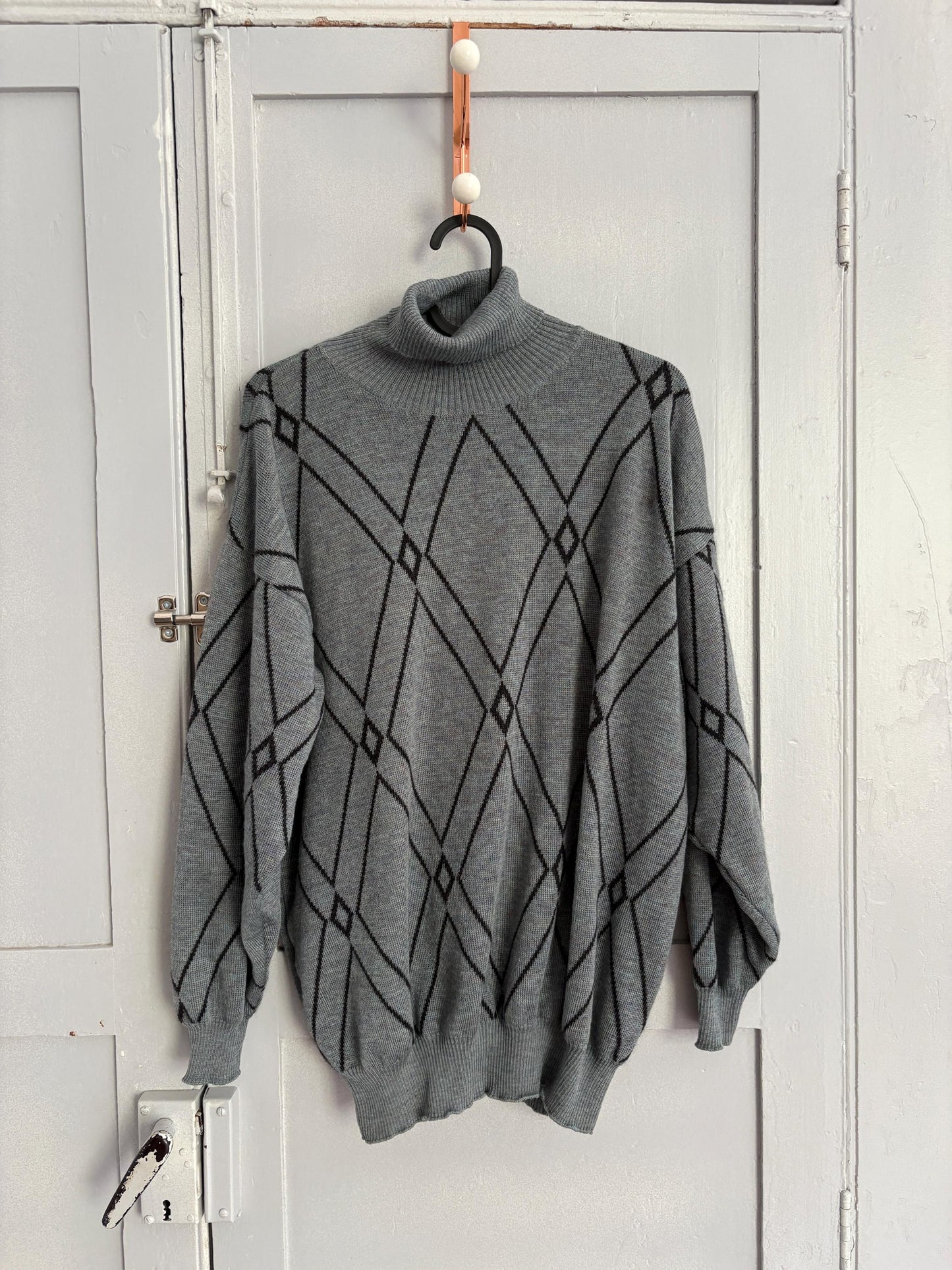 MERINO wool & ANGORA turtleneck sweater, Vintage jumper made in italy, Unisex oversized knit jersey, 80s diamond pattern shirt