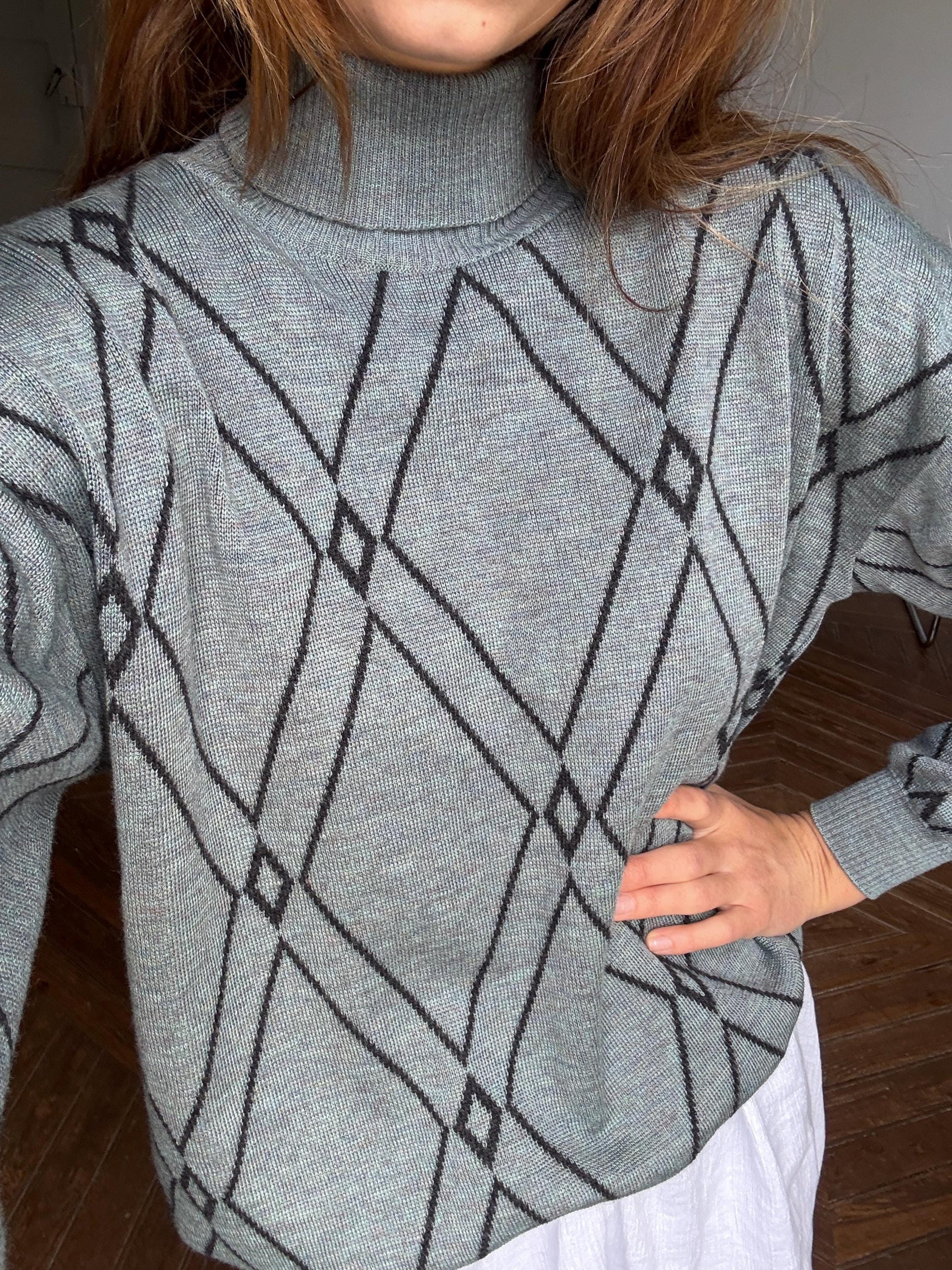 MERINO wool & ANGORA turtleneck sweater, Vintage jumper made in italy, Unisex oversized knit jersey, 80s diamond pattern shirt