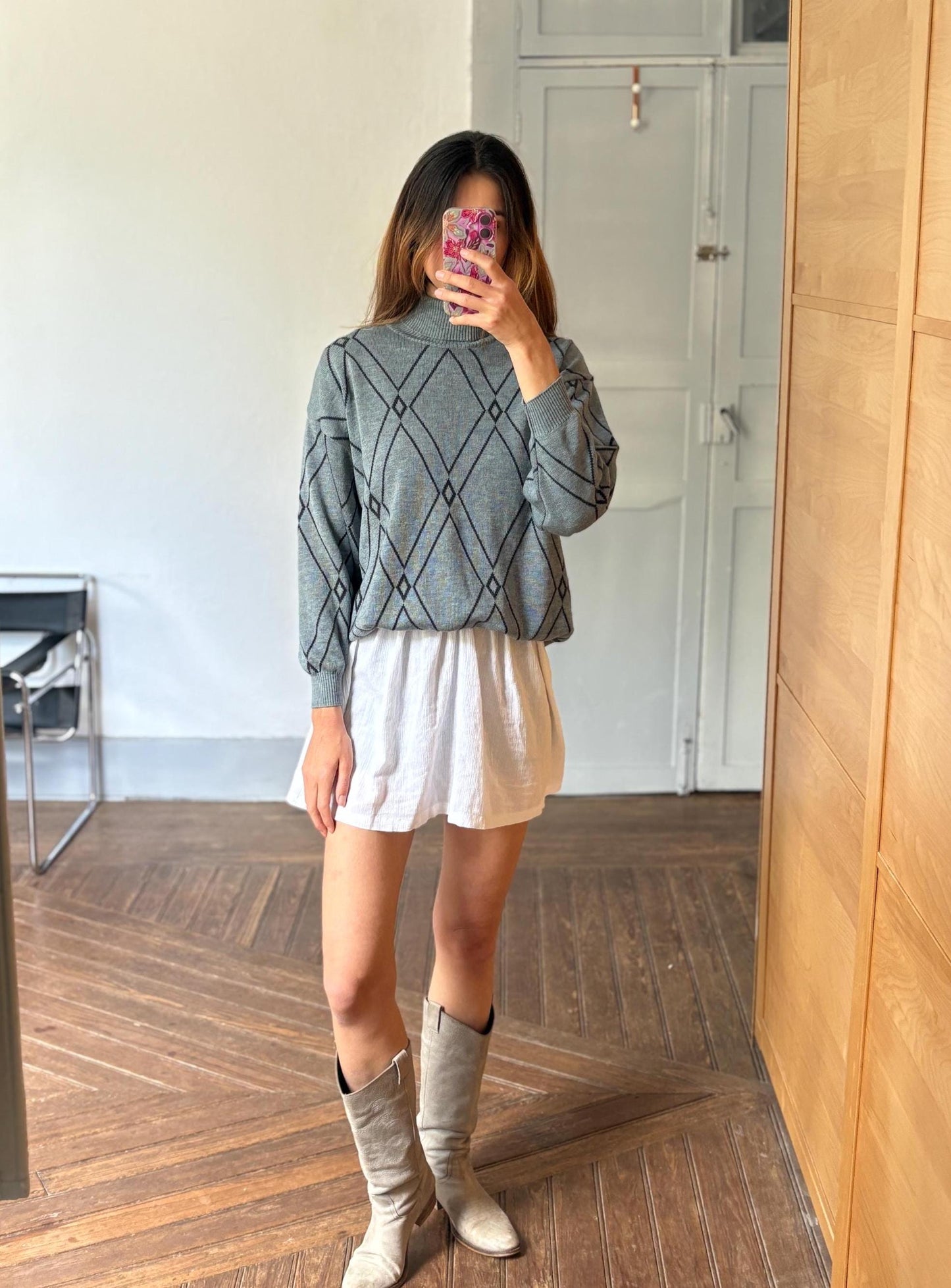 MERINO wool & ANGORA turtleneck sweater, Vintage jumper made in italy, Unisex oversized knit jersey, 80s diamond pattern shirt