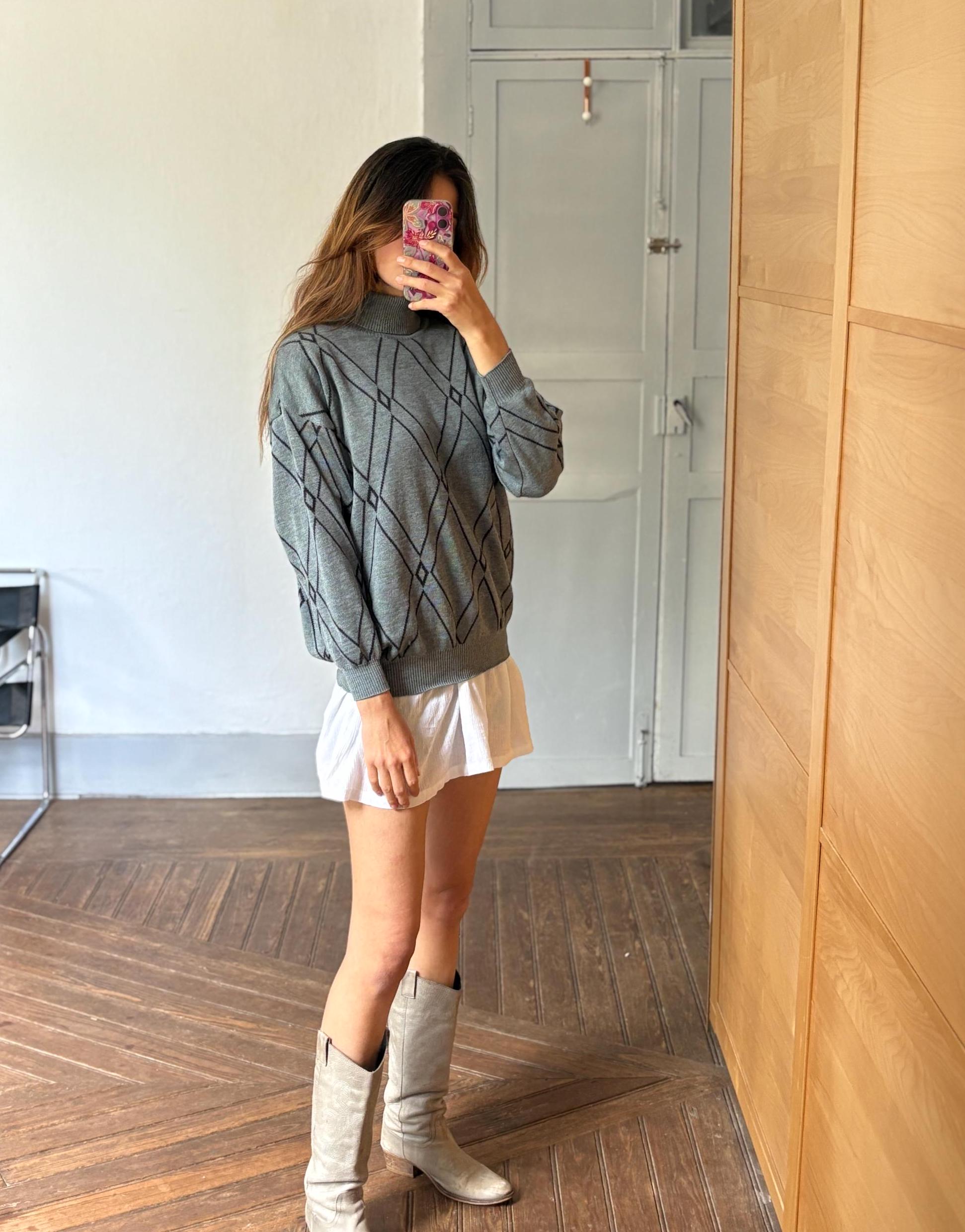 MERINO wool & ANGORA turtleneck sweater, Vintage jumper made in italy, Unisex oversized knit jersey, 80s diamond pattern shirt