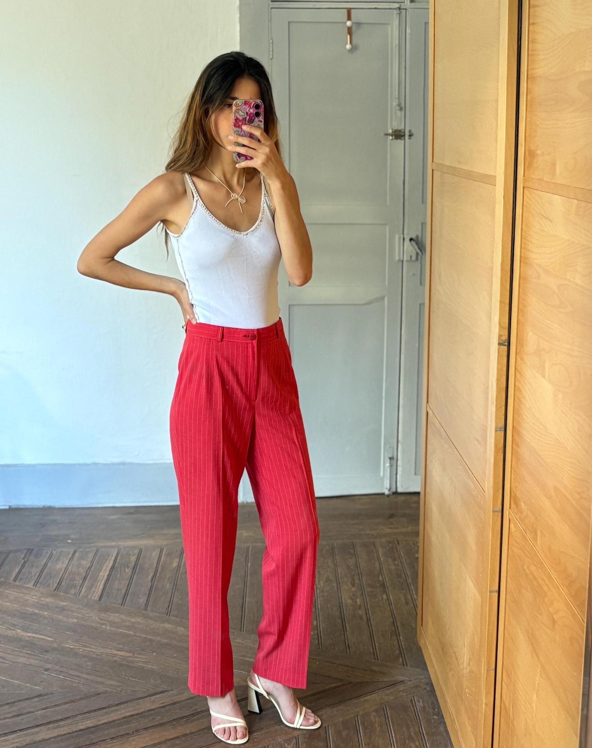 Vintage red and white pinstripe woman pants, Tom & Liber Estilo Propio Alicia high waist trousers, Luxury straight leg vibrant red pants