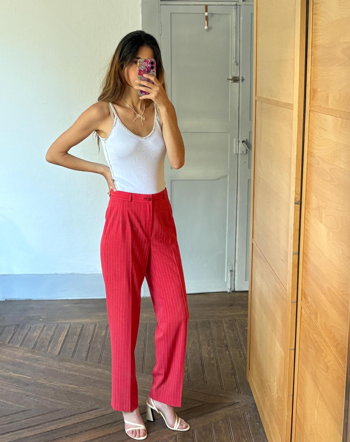 Vintage red and white pinstripe woman pants, Tom & Liber Estilo Propio Alicia high waist trousers, Luxury straight leg vibrant red pants
