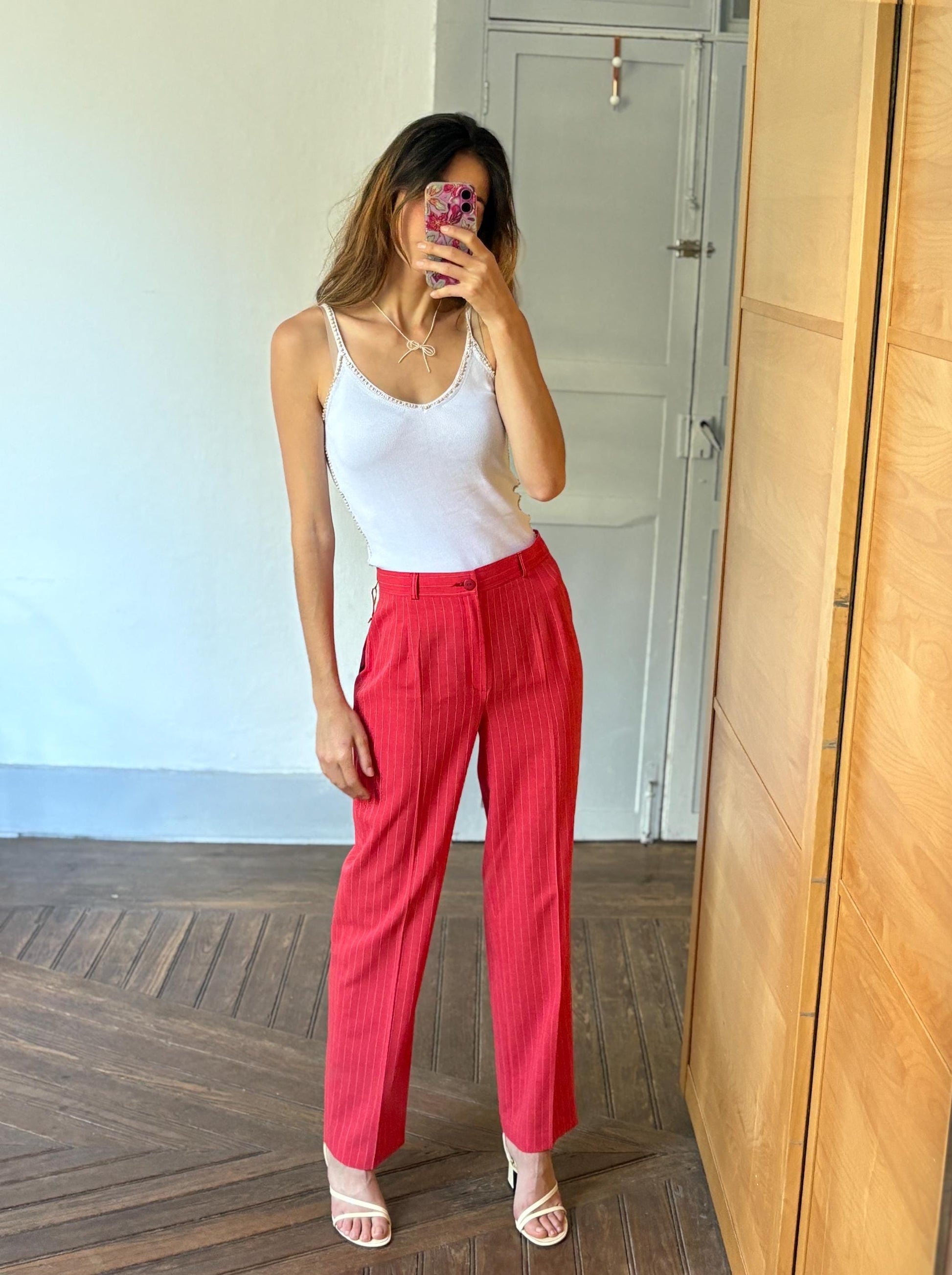 Vintage red and white pinstripe woman pants, Tom & Liber Estilo Propio Alicia high waist trousers, Luxury straight leg vibrant red pants