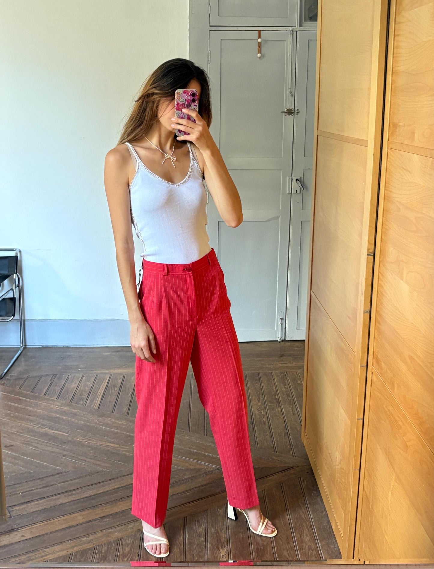 Vintage red and white pinstripe woman pants, Tom & Liber Estilo Propio Alicia high waist trousers, Luxury straight leg vibrant red pants